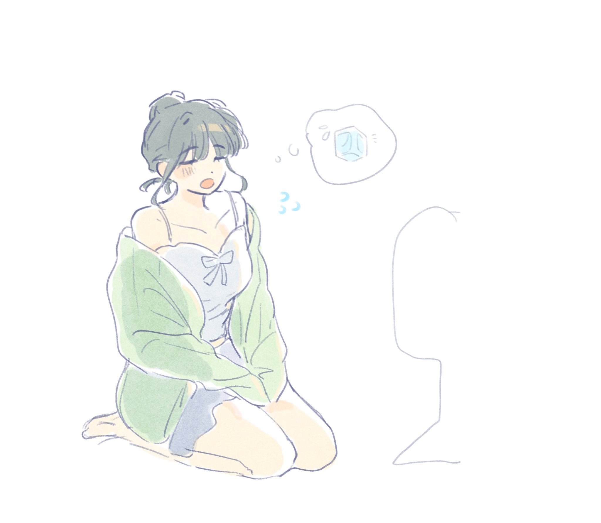 woodonly, momose ginko, link! like! love live!, love live!, commentary, highres, symbol-only commentary, 1girl, :o, black hair, breasts, camisole, cardigan, flying sweatdrops, green cardigan, grey skirt, hair bun, ice, ice cube, medium breasts, midriff, miniskirt, momose ginko (sleepover at ginko's), official alternate costume, official alternate hairstyle, open mouth, see-through cardigan, see-through clothes, seiza, short hair, simple background, single hair bun, sitting, skirt, solo, speech bubble, spoken object, thought bubble, virtual youtuber, white background, white camisole