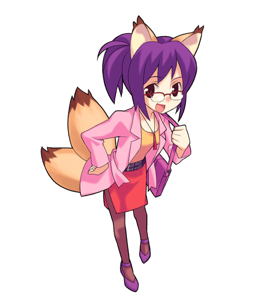 fox (trickster), trickster (ntreev soft), 10s, 1girl, :d, animal ears, archaeologist, belt, brown eyes, female focus, fox, fox ears, fox tail, glasses, leaning forward, multiple tails, open mouth, pantyhose, purple hair, simple background, skirt, smile, solo, tail