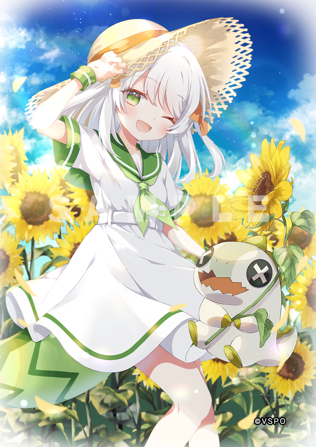 gomano rio, jisaki jira, vspo!, vspo! en, commentary request, highres, official art, 1girl, ;d, arm up, blue sky, blush, brown hat, cloud, copyright notice, day, dress, feet out of frame, field, flower, flower field, green eyes, green neckerchief, green sailor collar, hat, looking at viewer, neckerchief, one eye closed, open mouth, outdoors, sailor collar, sailor dress, sample watermark, short sleeves, sky, smile, solo, standing, straw hat, sunflower, sunflower field, virtual youtuber, watermark, white dress