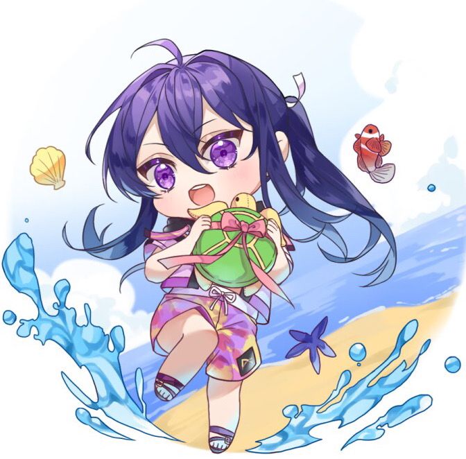 nancy980216, kanzaki souma, ensemble stars!, 1boy, :d, ahoge, alternate costume, beach, blue sky, border, brown sandals, chibi, chibi only, cloud, double-parted bangs, floating hair, hair between eyes, hair intakes, holding, holding stuffed toy, knee up, koi, long hair, male swimwear, motoyui, multicolored shorts, ocean, open mouth, pink ribbon, pink shirt, pink shorts, ponytail, purple eyes, ribbon, round image, sandals, seashell, shell, shirt, shore, short sleeves, shorts, sidelocks, sky, smile, solo, standing, standing on one leg, starfish, stuffed animal, stuffed toy, stuffed turtle, teeth, upper teeth only, v-shaped eyebrows, water, water drop, white border, yellow shorts