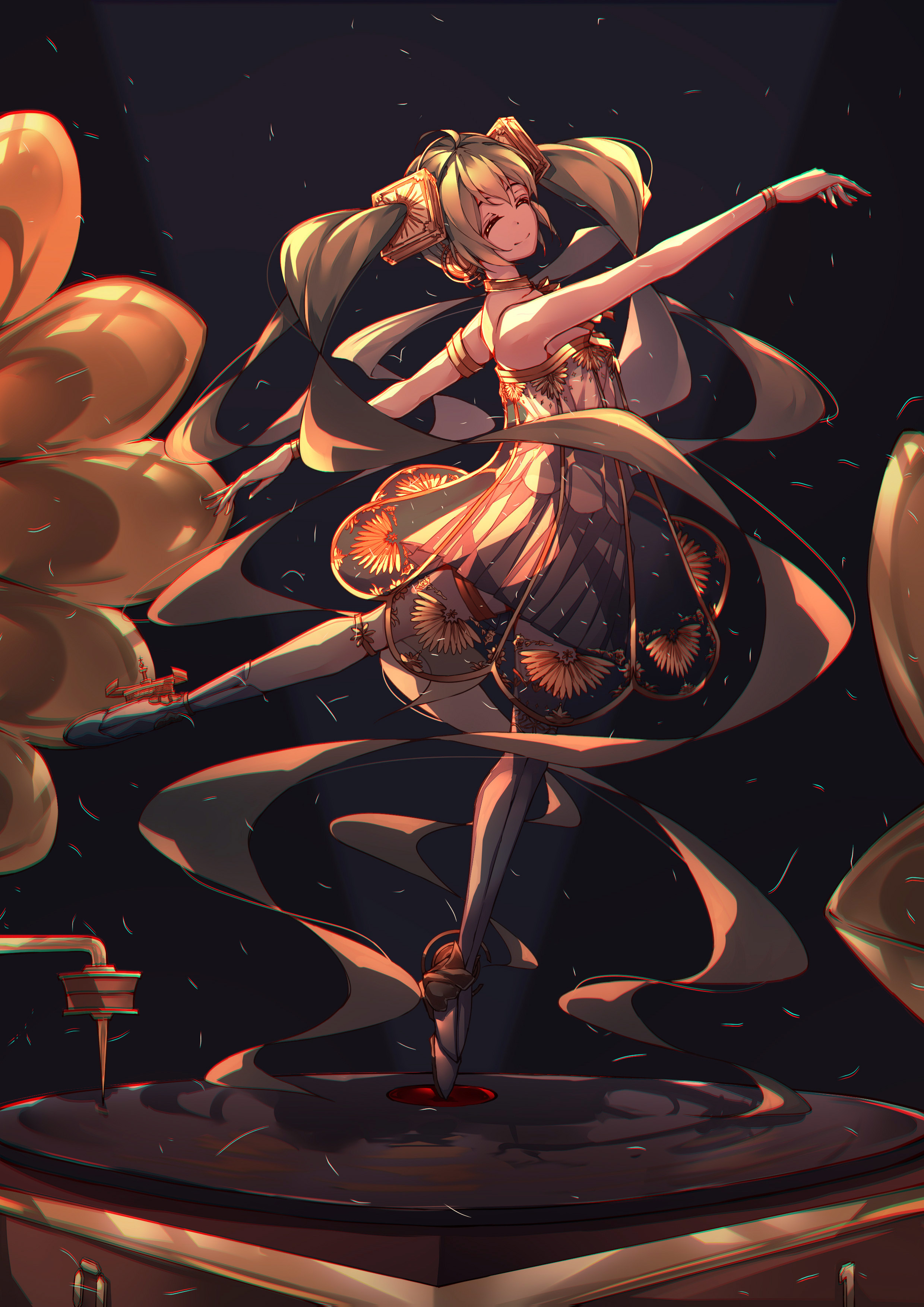 qizhongji, gramophone miku, hatsune miku, miku symphony (vocaloid), vocaloid, absurdres, highres, 1girl, asymmetrical legwear, ballerina, ballet slippers, closed eyes, closed mouth, dress, green hair, hair ornament, long hair, official alternate costume, official alternate hairstyle, smile, solo, strapless, strapless dress, thighhighs, tutu, twintails, very long hair, white dress, white thighhighs