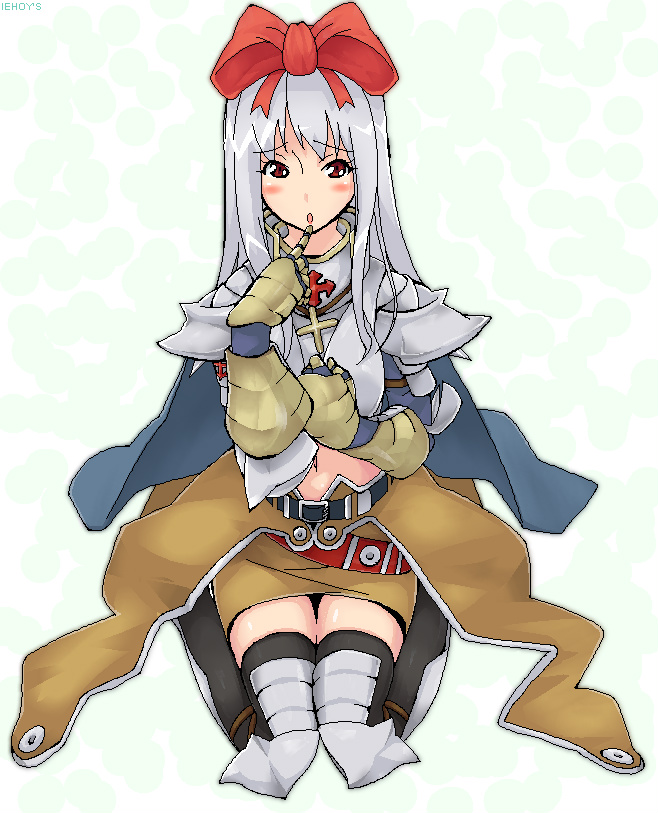 amami amayu, paladin (ragnarok online), ragnarok online, silver hair, 1girl, armor, belt, blush, bow, brown skirt, cape, cross, female focus, finger to mouth, looking at viewer, midriff, miniskirt, paladin, red bow, red eyes, simple background, skirt, solo, thighhighs