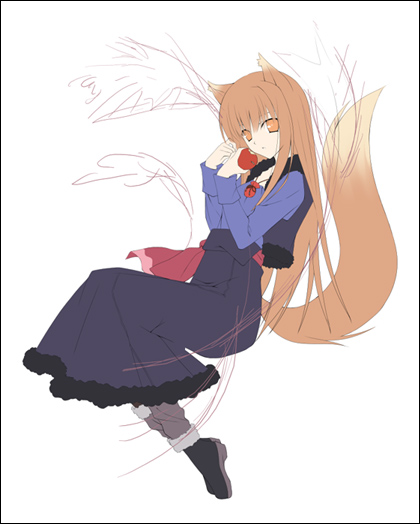 zinno, holo, spice and wolf, 00s, 1girl, animal ears, apple, female focus, food, fruit, full body, jewelry, long hair, necklace, orange eyes, orange hair, shoes, skirt, solo, tail, vest, white background, wolf ears, wolf tail