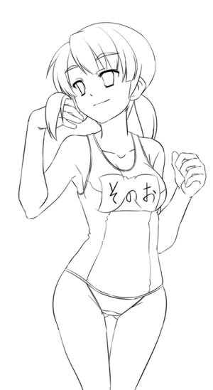 yuuji overall, mori sonou, suzumiya haruhi no yuuutsu, 00s, 1girl, female focus, greyscale, monochrome, name tag, one-piece swimsuit, school swimsuit, solo, swimsuit