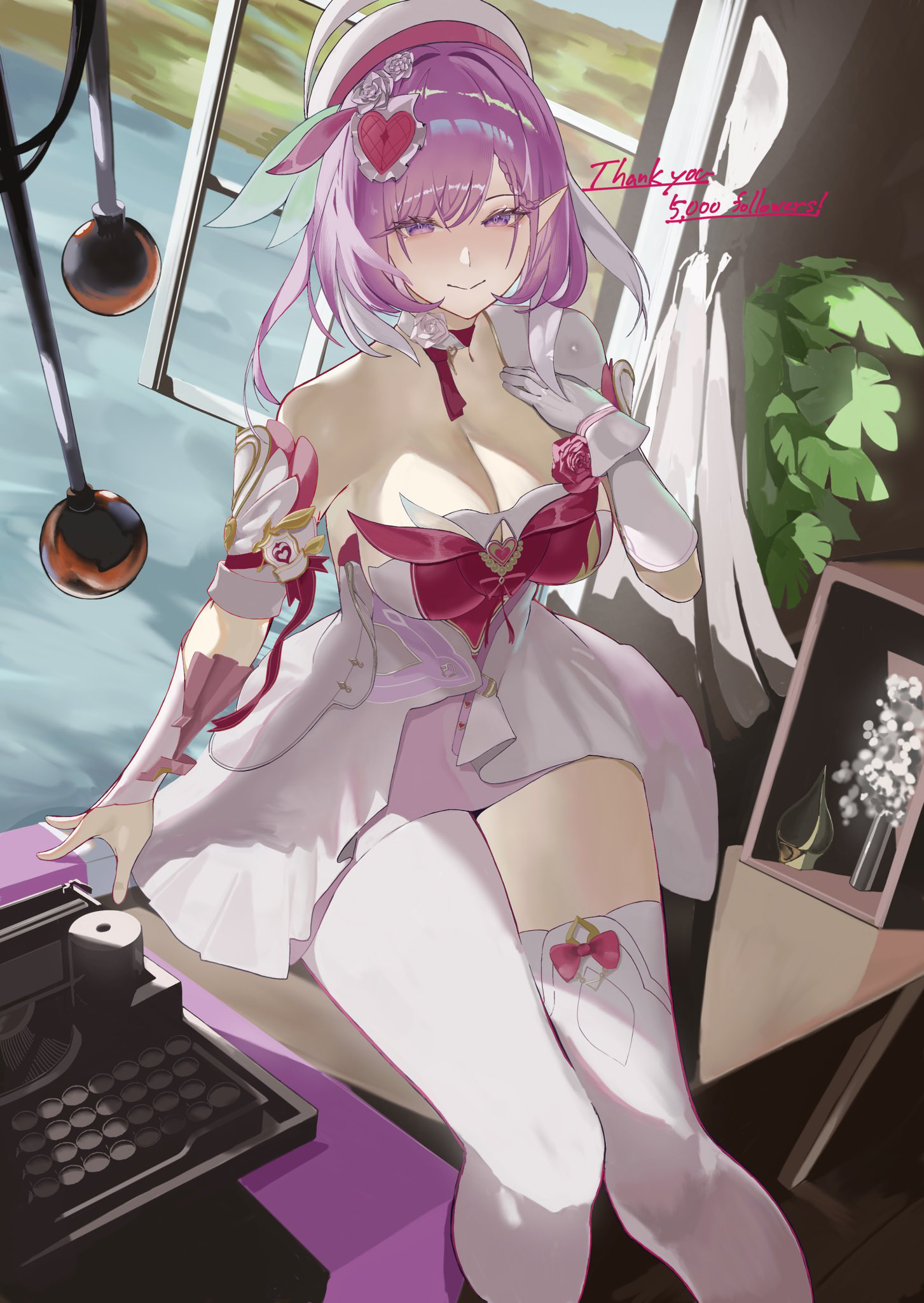 vespar4, elysia (honkai impact), honkai (series), honkai impact 3rd, commentary request, highres, 1girl, blush, breasts, cleavage, closed mouth, dress, elysia (hi elf of love) (honkai impact), english text, gloves, hair ornament, hat, heart, heart hair ornament, large breasts, long hair, looking at viewer, pink hair, pointy ears, purple eyes, single bare shoulder, single glove, single leg pantyhose, single thighhigh, sitting, smile, solo, thighhighs, thighs, white dress, white gloves, white hat, white thighhighs