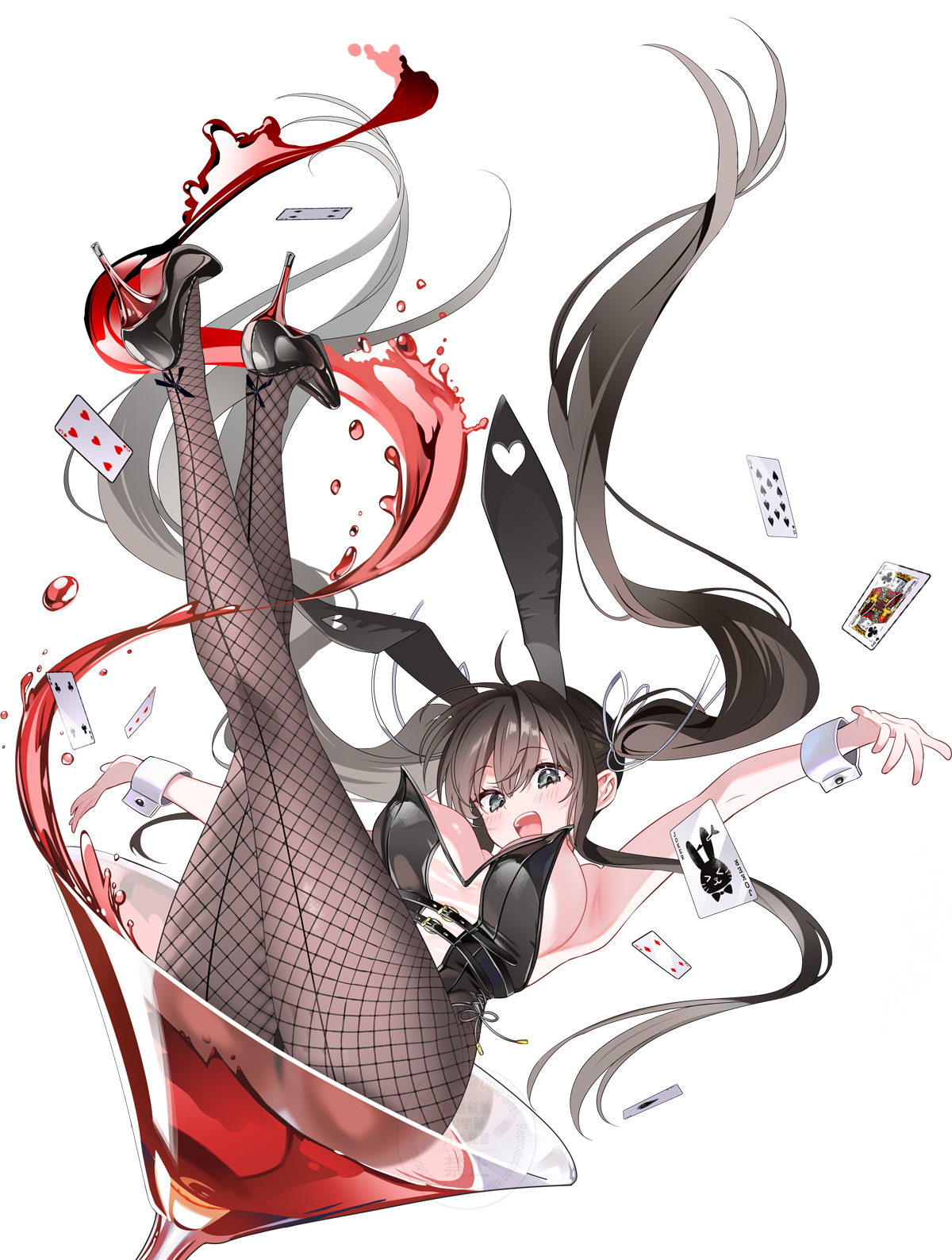 piyopoyo, childhood friend (childhood friend series), hisabisa ni atta osananajimi ga iroiro to seichou shiteirunoni nounai dake seichou shiteinakute douyou shiteiru, original, commentary request, highres, 1girl, alcohol, animal ears, black hair, black pantyhose, blush, bow, breasts, card, cup, drinking glass, fishnet pantyhose, fishnets, grey eyes, hair between eyes, hair ornament, hair ribbon, high heels, large breasts, leotard, liquid, long hair, looking at viewer, open mouth, pantyhose, playboy bunny, rabbit ears, ribbon, smile, solo, teeth, twintails, white background, wine, wrist cuffs