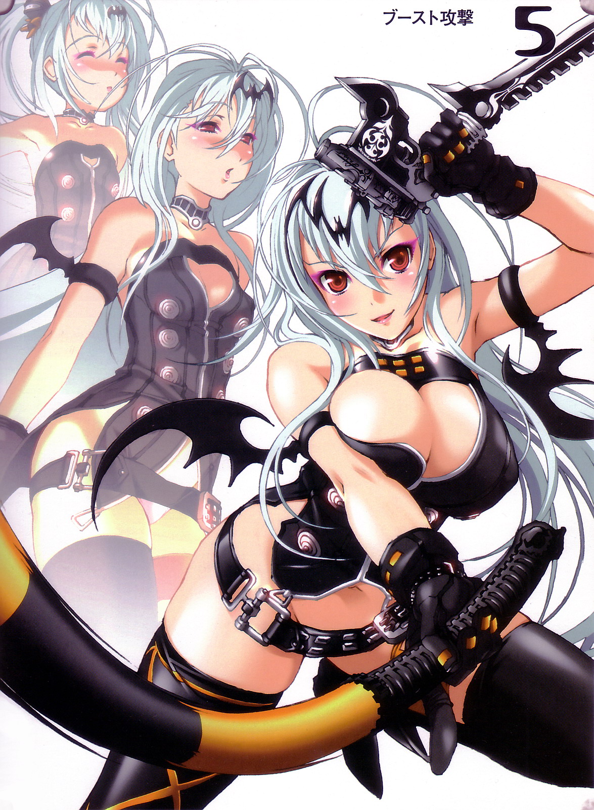 nishii (damnedrive), alice (queen's gate), nitroplus, queen's blade, queen's gate, highres, 00s, 1girl, age progression, aged up, albino, belt, belt skirt, breast expansion, breasts, bursting breasts, cleavage, cleavage cutout, clothing cutout, flat chest, gun, huge breasts, large breasts, no panties, red eyes, thighhighs, weapon, whip, white hair