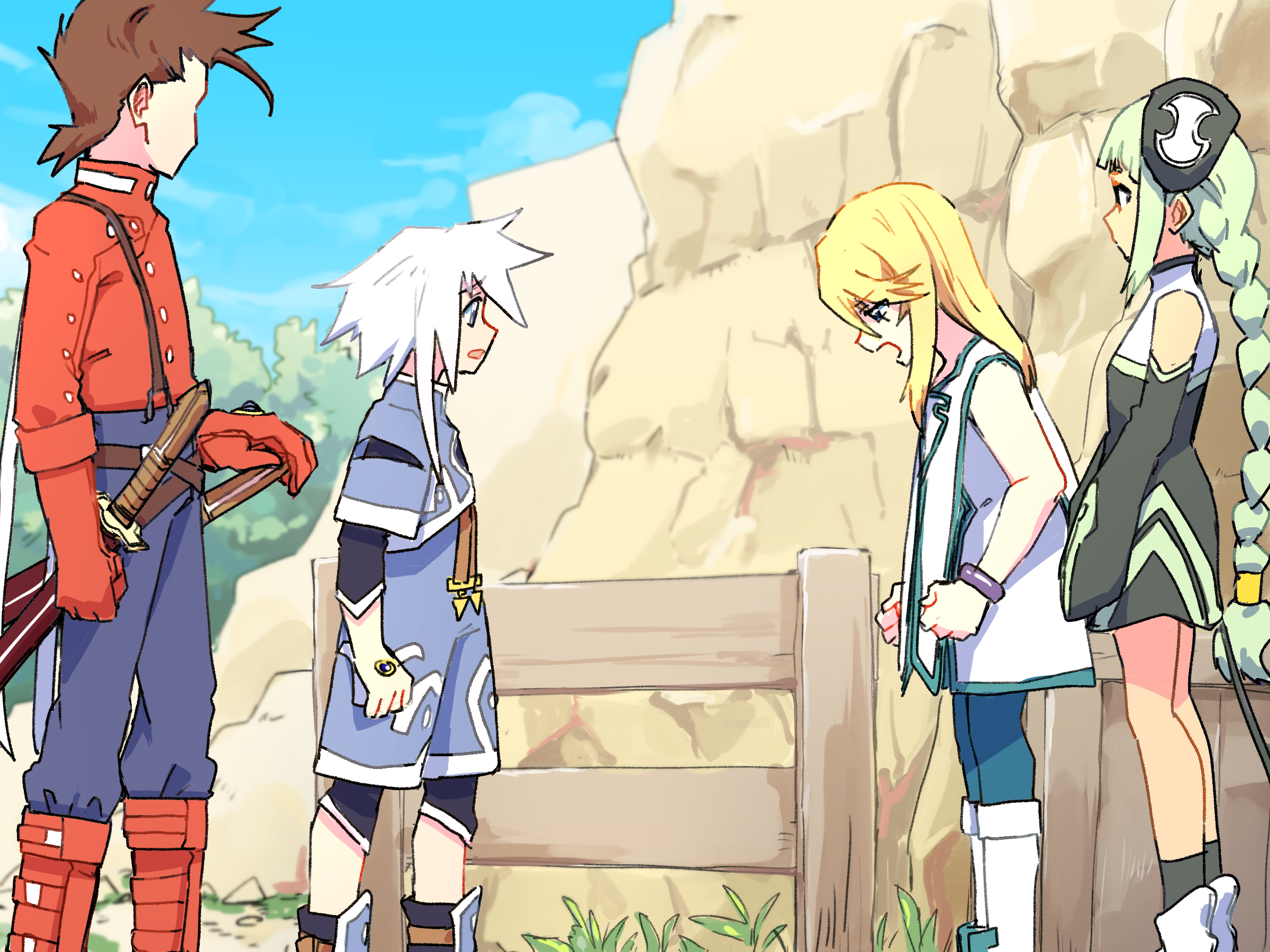 azuma yukihiko, genius sage, lloyd irving, mithos yggdrasill, tales of (series), tales of symphonia, highres, angry, black pants, black shirt, blonde hair, blue eyes, blue jacket, blue leggings, blue shoes, blue shorts, blue trim, boots, bracelet, braid, braided ponytail, brown eyes, brown hair, clenched hands, cropped jacket, gloves, green eyes, green hair, jacket, jewelry, leggings, long bangs, long sleeves, looking at another, looking down, low ponytail, open mouth, pants, ponytail, red boots, red gloves, red shirt, sad, scabbard, scarf, sheath, sheathed, shirt, shoes, shorts, sidelocks, suspenders, sword, tabatha (tales), undershirt, weapon, white boots, white hair, white jacket, white scarf, white shirt, white shoes