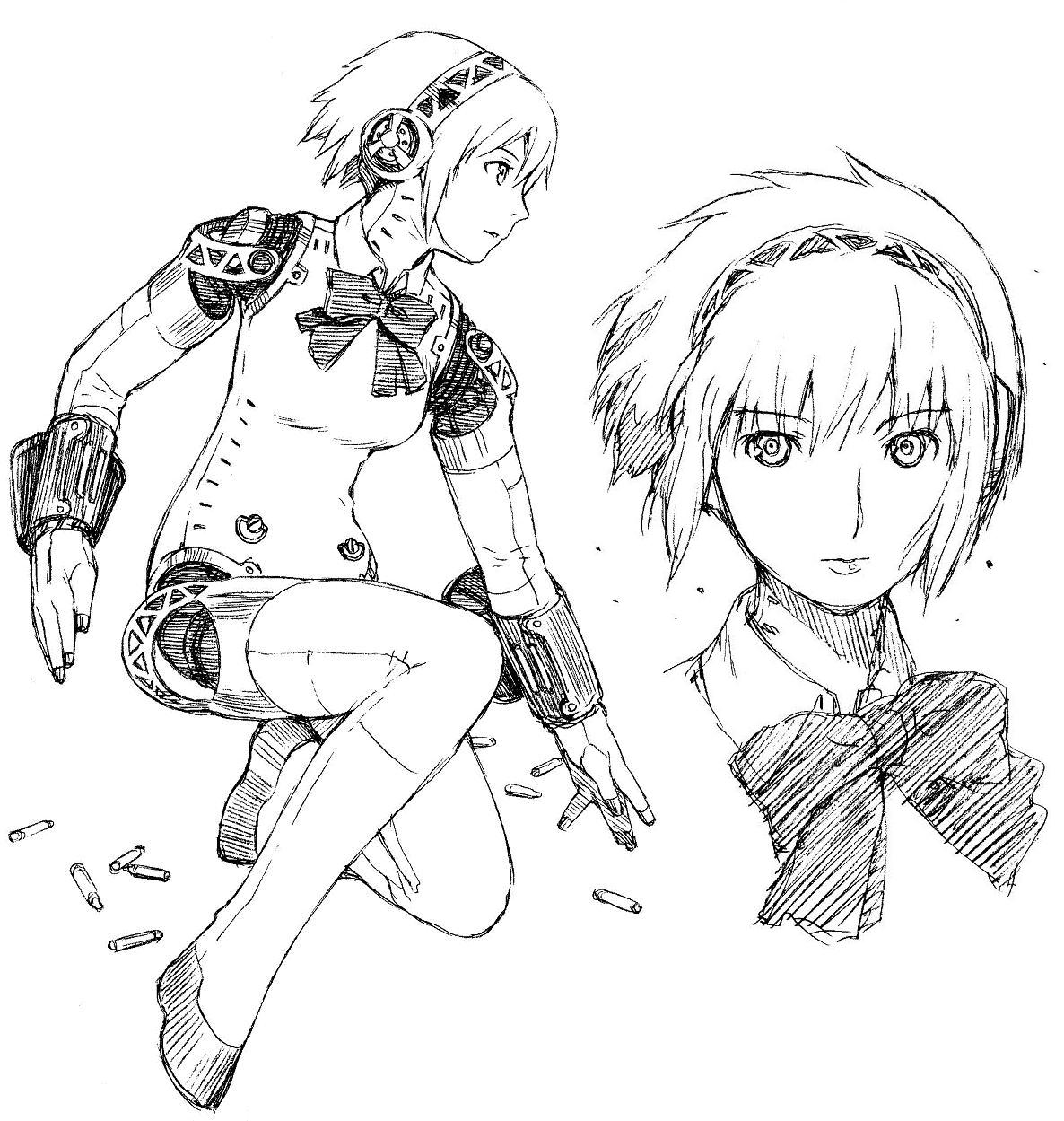 yug (ekaki), aigis (persona), atlus, persona, persona 3, highres, traditional media, 1girl, android, bow, greyscale, joints, monochrome, ribbon, robot joints, short hair