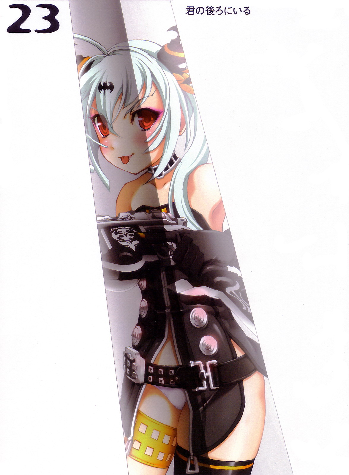 nishii (damnedrive), alice (queen's gate), nitroplus, queen's blade, queen's gate, highres, 00s, 1girl, :p, albino, armpits, asymmetrical clothes, bare shoulders, belt, belt skirt, blush, choker, eyeshadow, female focus, gun, makeup, panties, red eyes, reflection, single thighhigh, solo, sword, thighhighs, tongue, tongue out, underwear, weapon, white hair, white panties