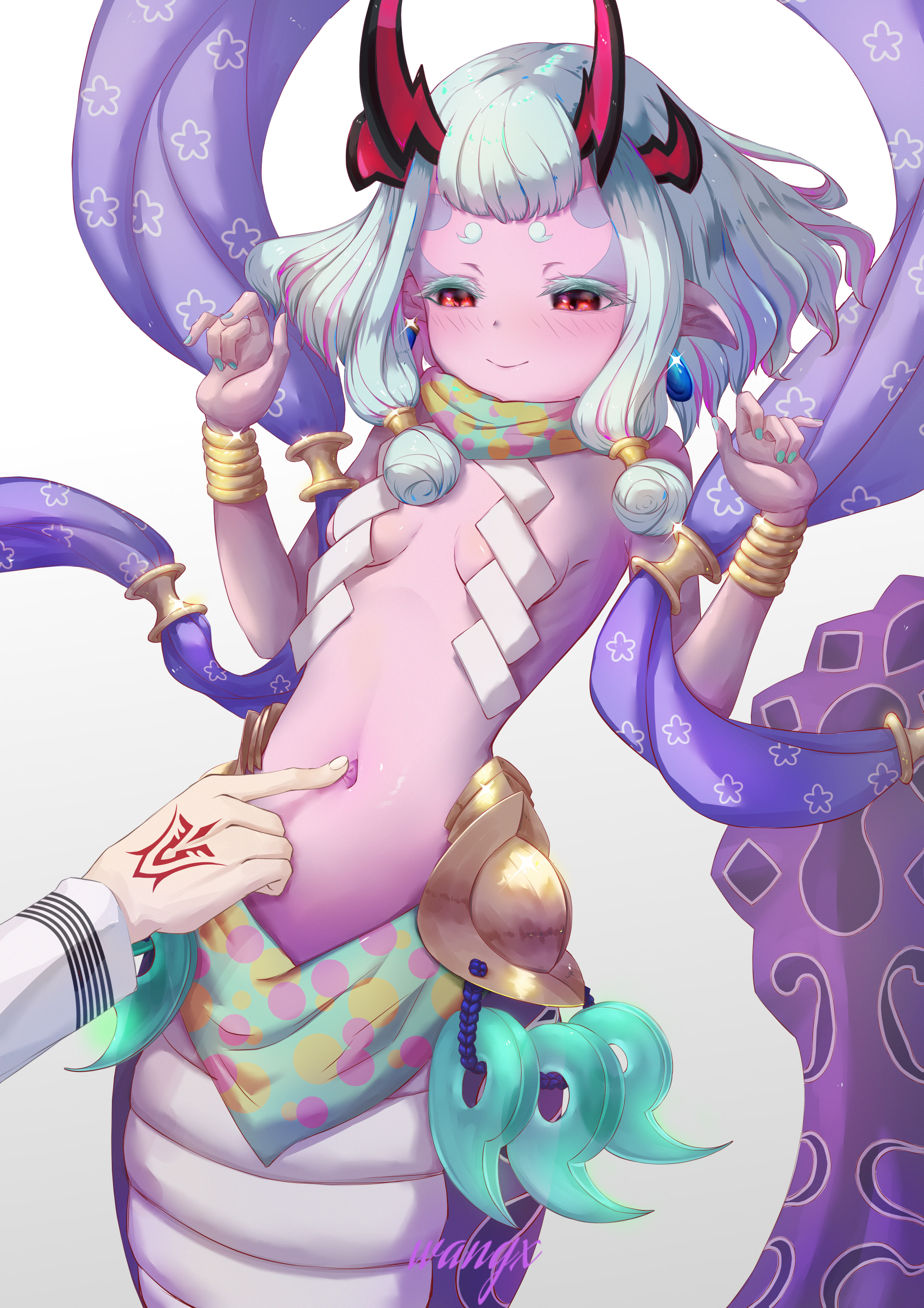 wangx (252865616), fujimaru ritsuka (male), ibuki douji (fate), ibuki douji (first ascension) (fate), fate/grand order, fate (series), absurdres, highres, 1boy, 1girl, blush, breasts, colored skin, command spell, grey hair, horns, lamia, monster girl, navel, navel poke, pink skin, red eyes, small breasts, smile, solo focus, stomach
