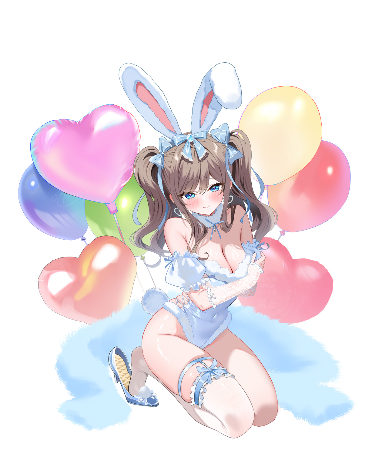 piyopoyo, hisabisa ni atta osananajimi ga iroiro to seichou shiteirunoni nounai dake seichou shiteinakute douyou shiteiru, original, commentary request, highres, 1girl, animal ears, balloon, bare shoulders, blue eyes, blue leotard, blue shawl, blush, bow, breasts, bridal gauntlets, brown hair, cleavage, closed mouth, collarbone, covered navel, detached sleeves, earrings, fake animal ears, fur-trimmed leotard, fur collar, fur trim, hair between eyes, hair bow, hair ornament, hair ribbon, heart balloon, high heels, highleg, highleg leotard, jewelry, kneeling, lace trim, large breasts, leotard, long hair, looking at viewer, playboy bunny, rabbit ears, rabbit tail, ribbon, shawl, short sleeves, single thighhigh, skindentation, smile, solo, tail, thigh strap, thighhighs, thighlet, thighs, twintails, white leotard, white thighhighs, younger sister (childhood friend series)