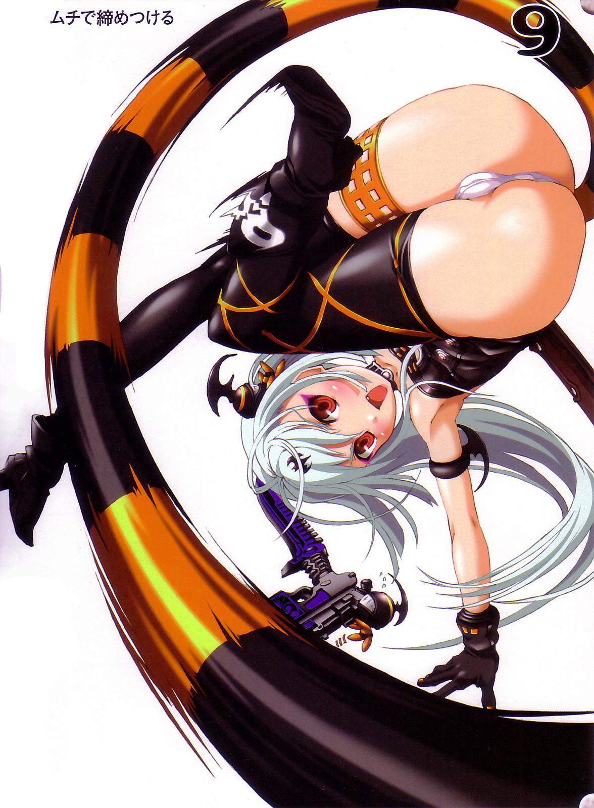 nishii (damnedrive), alice (queen's gate), nitroplus, queen's blade, queen's gate, highres, 00s, 1girl, :d, albino, armband, armpits, ass, black gloves, black thighhighs, blush, eyeshadow, fang, female focus, flat chest, full body, gloves, gun, hair ornament, high heels, legs, long hair, looking at viewer, makeup, open mouth, panties, purple eyeshadow, red eyes, smile, solo, thighhighs, underwear, upside-down, weapon, whip, white hair, white panties