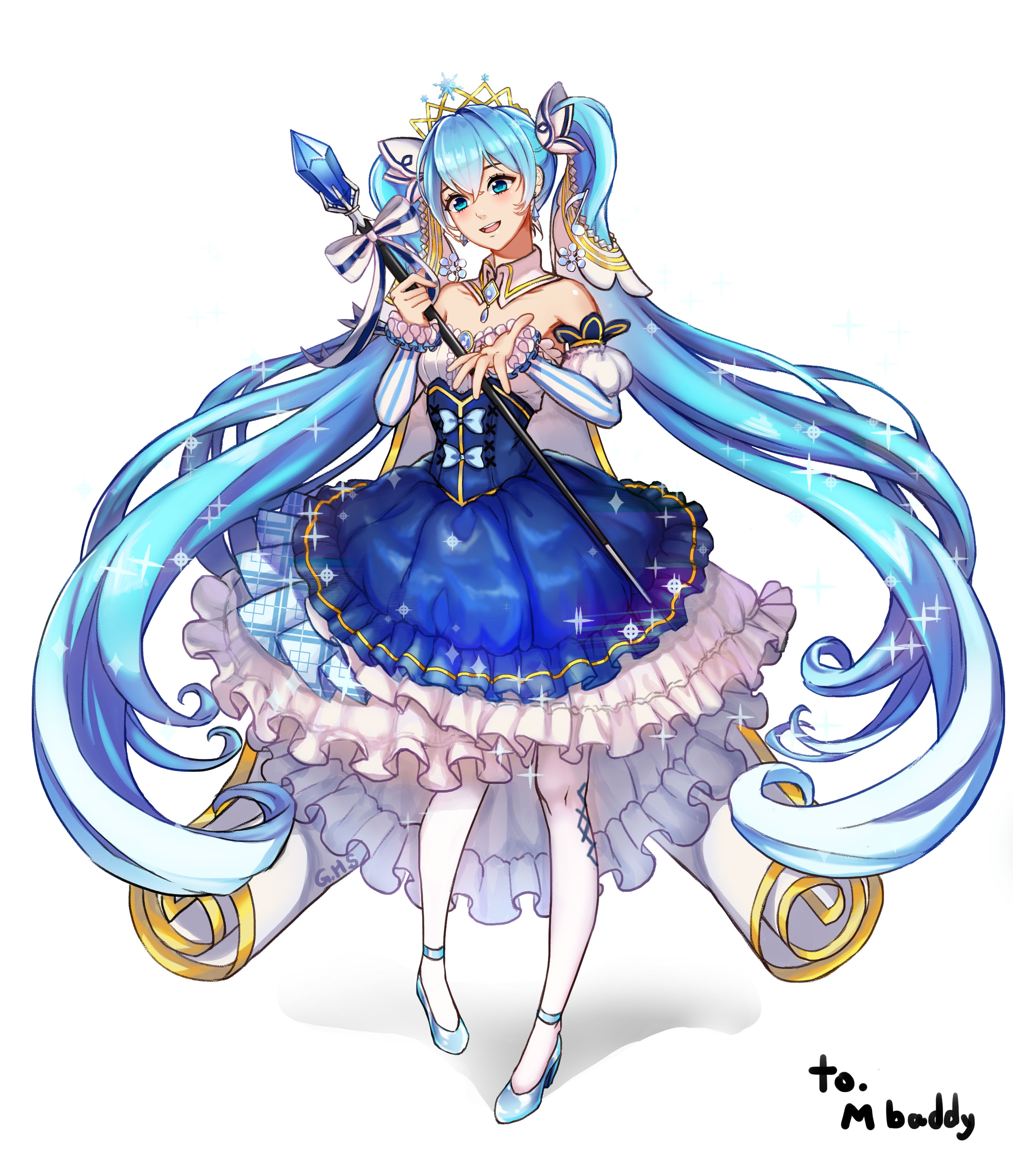 hatsune miku, yuki miku, yuki miku (2019), vocaloid, absurdres, highres, 1girl, blue eyes, blue hair, breasts, collarbone, detached collar, dkfugk5, dress, fortissimo, frilled dress, frills, full body, gold tiara, hair ornament, holding, holding wand, long hair, long sleeves, medium breasts, musical note, musical note hair ornament, official alternate costume, official alternate hairstyle, open mouth, puffy long sleeves, puffy sleeves, simple background, smile, snowflake hair ornament, strapless, strapless dress, thighhighs, twintails, very long hair, wand, white background, white thighhighs
