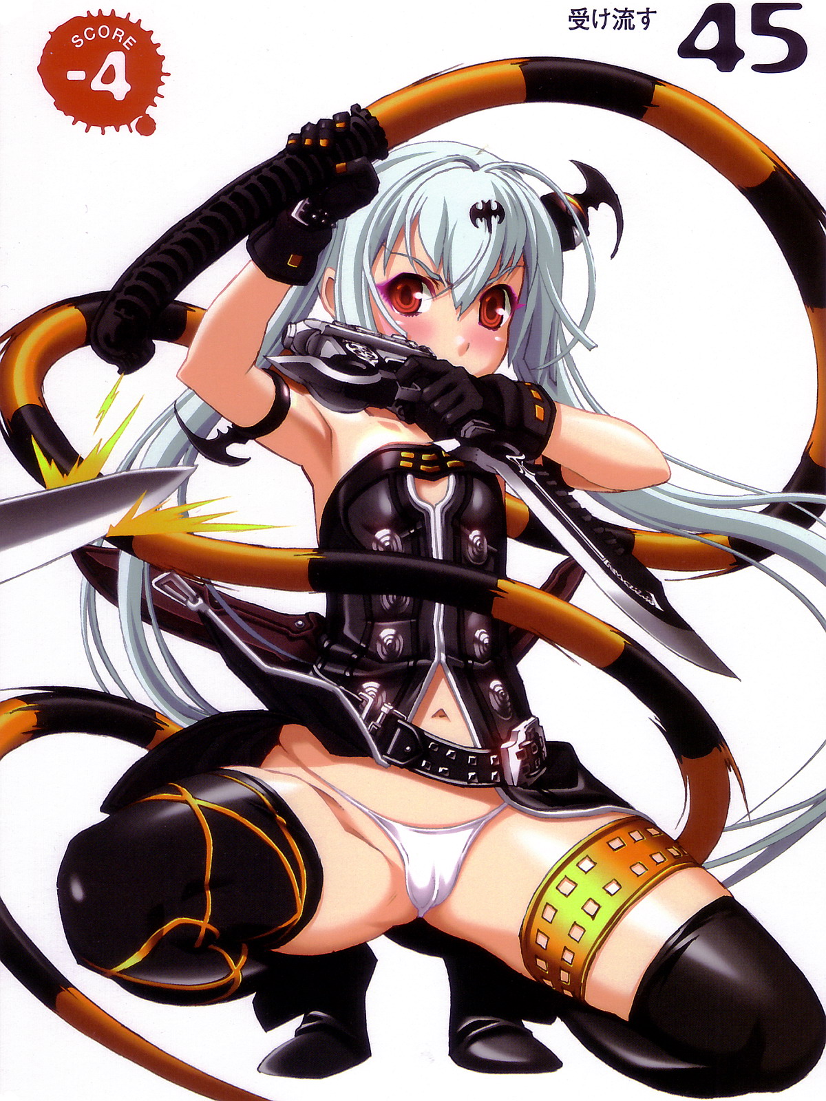 nishii (damnedrive), alice (queen's gate), nitroplus, queen's blade, queen's gate, highres, 00s, 1girl, albino, female focus, gun, panties, red eyes, solo, squatting, thighhighs, underwear, weapon, whip, white hair