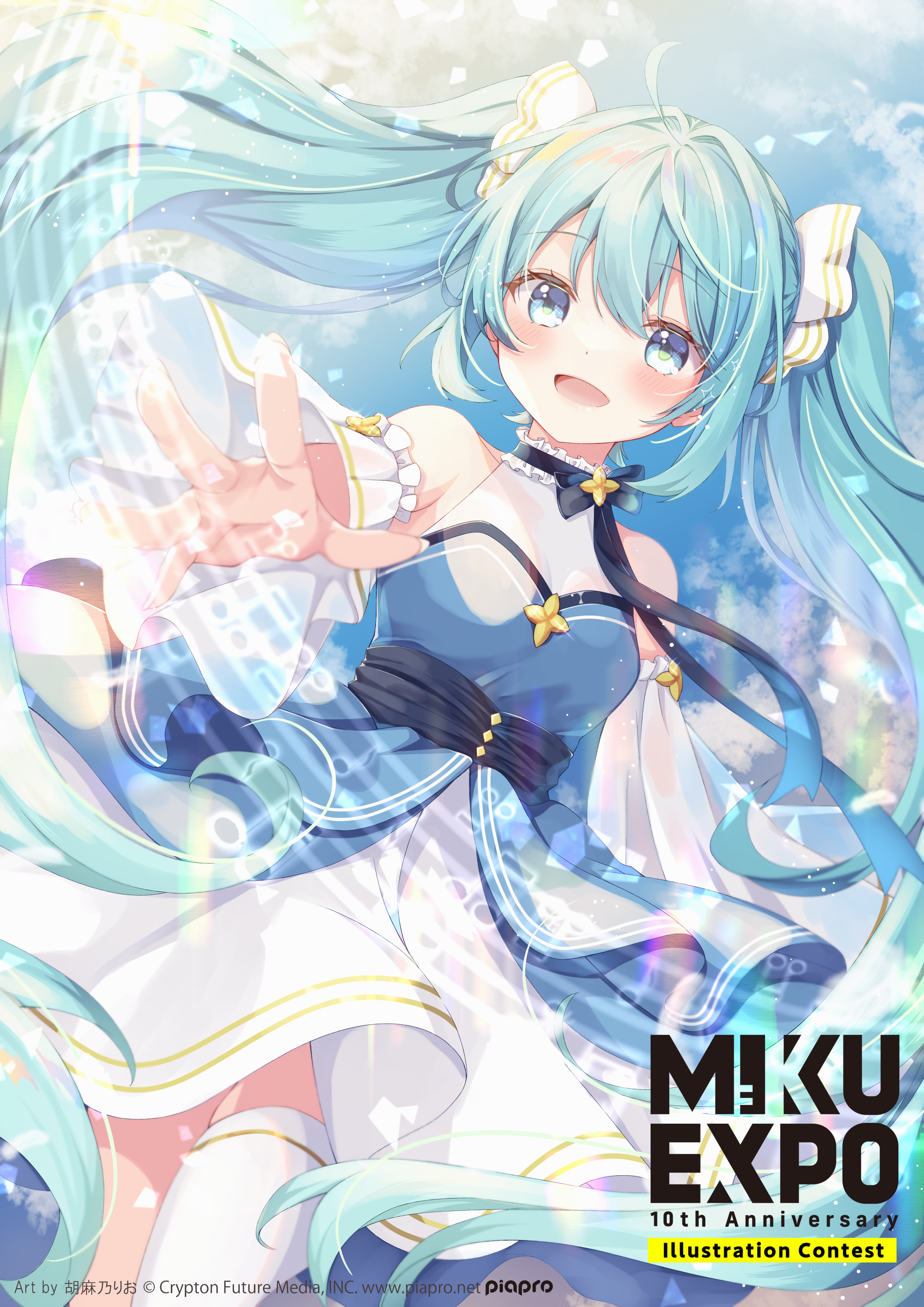 gomano rio, hatsune miku, vocaloid, absurdres, commentary request, highres, official art, 1girl, :d, ahoge, aqua hair, bare shoulders, blue background, blue eyes, blush, breasts, copyright notice, cowboy shot, detached sleeves, dress, hatsune miku expo, long hair, long sleeves, looking at viewer, medium breasts, open mouth, outstretched arm, sleeveless, sleeveless dress, smile, solo, thighhighs, twintails, white dress, white sleeves, white thighhighs
