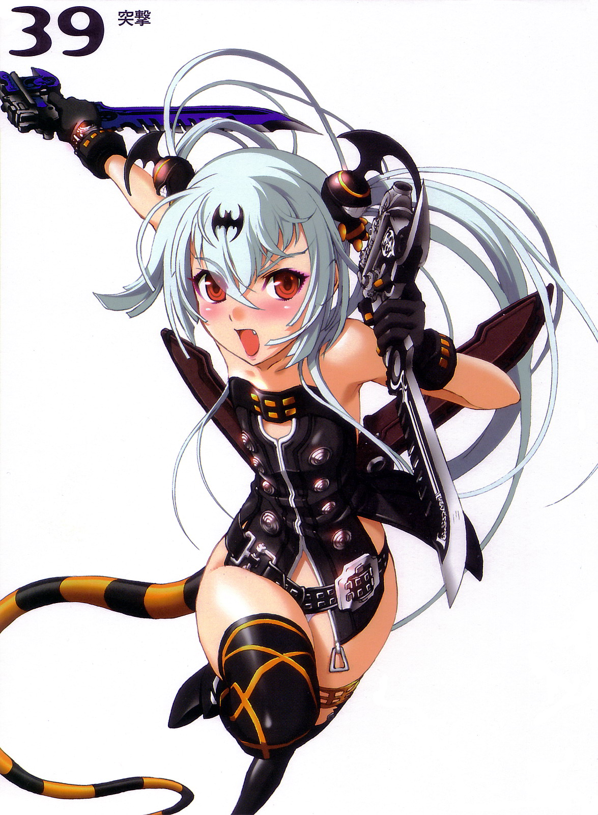 nishii (damnedrive), alice (queen's gate), nitroplus, queen's blade, queen's gate, highres, 00s, 1girl, albino, belt, belt skirt, female focus, gun, red eyes, simple background, solo, thighhighs, weapon, white hair
