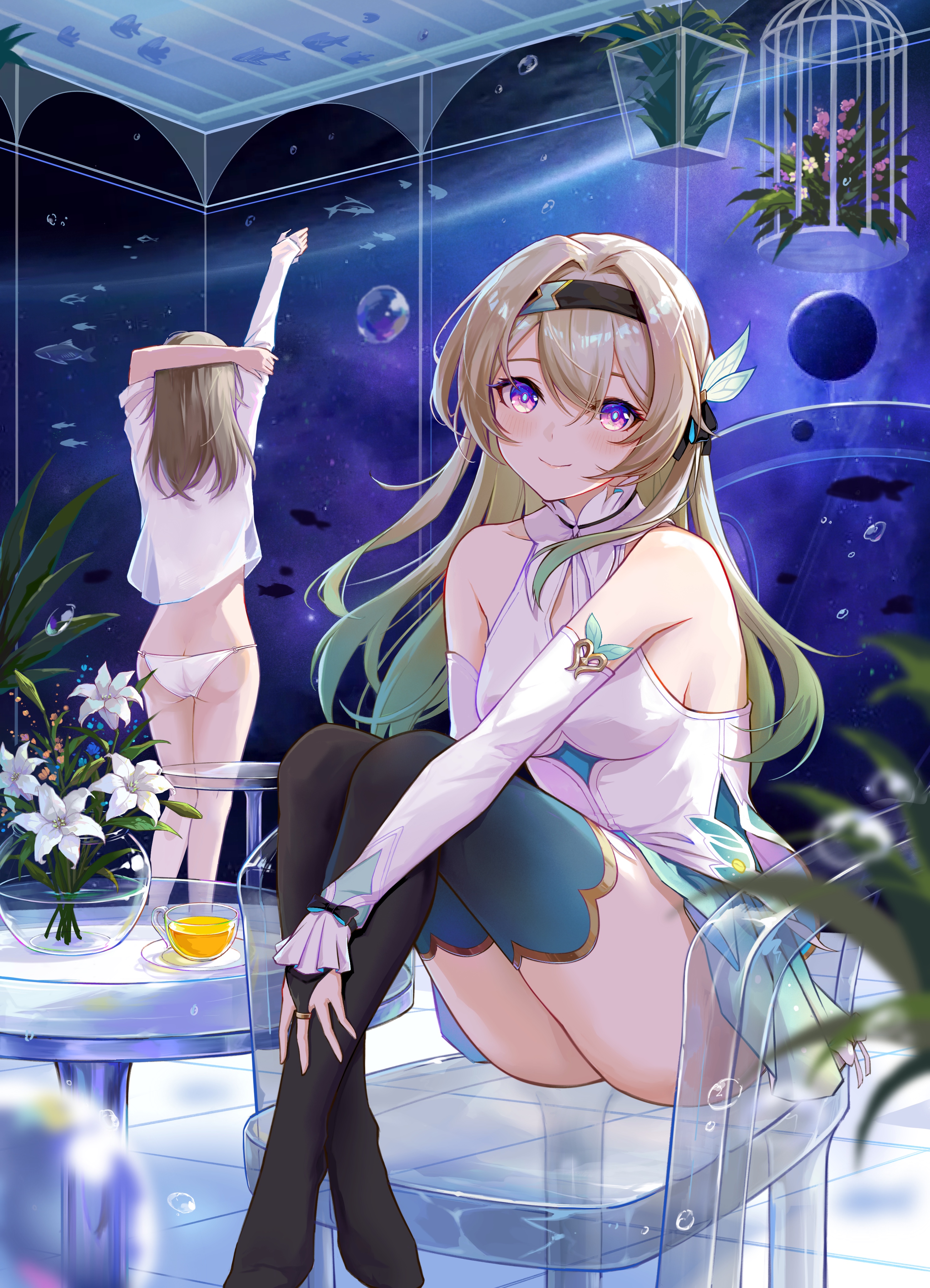 setsu (qjsj1993aa), firefly (honkai: star rail), stelle (honkai: star rail), trailblazer (honkai: star rail), honkai: star rail, honkai (series), absurdres, commentary request, highres, partial commentary, 2girls, ass, black hairband, black thighhighs, breasts, fish, flower, green skirt, hairband, long hair, looking at viewer, medium breasts, multicolored eyes, multiple girls, panties, plant, shirt, sitting, skirt, smile, stretching, thighhighs, thighs, two-tone eyes, underwear, white flower, white panties, white shirt