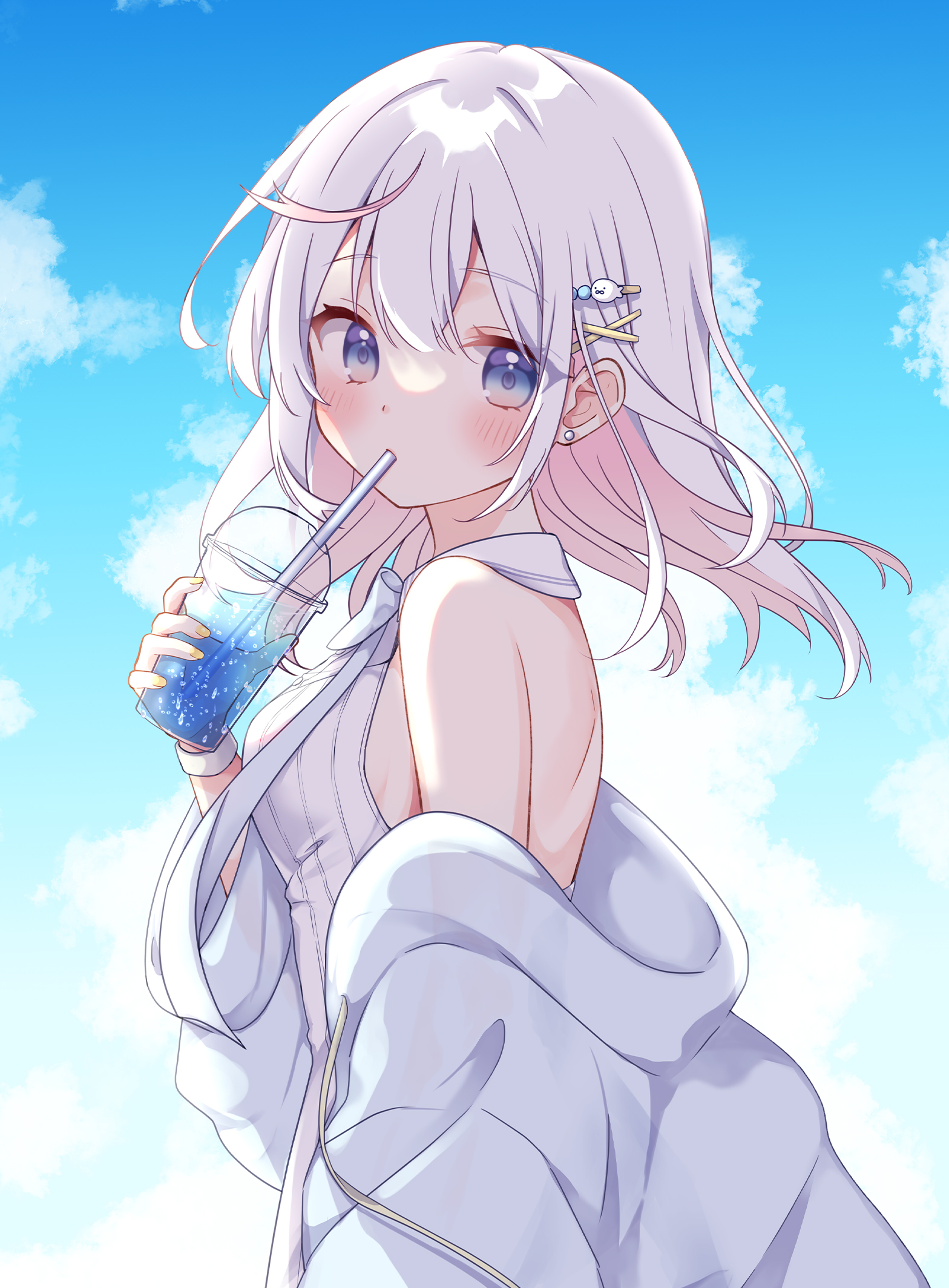 gomano rio, original, commentary request, highres, 1girl, bare shoulders, blue eyes, blue sky, blush, breasts, cloud, cup, day, disposable cup, drinking, drinking straw, hair ornament, holding, holding cup, jacket, long hair, long sleeves, looking at viewer, medium breasts, off shoulder, open clothes, open jacket, outdoors, shirt, sky, sleeveless, sleeveless shirt, solo, upper body, white hair, white jacket, white shirt, x hair ornament
