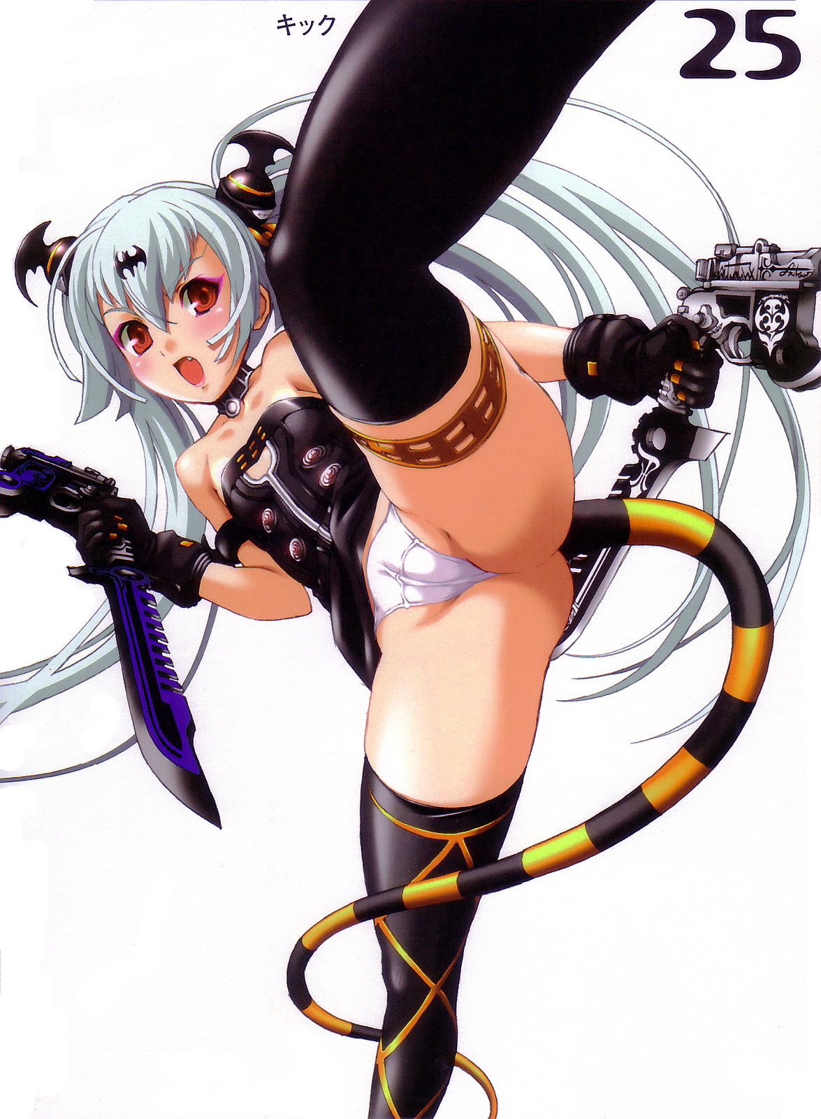 nishii (damnedrive), alice (queen's gate), nitroplus, queen's blade, queen's gate, highres, 00s, 1girl, albino, armband, black gloves, black thighhighs, blush, dagger, dual wielding, eyeshadow, fang, feet out of frame, female focus, flat chest, gloves, gun, hair ornament, high kick, holding, holding gun, holding knife, holding weapon, kicking, knife, long hair, looking at viewer, makeup, open mouth, panties, purple eyeshadow, red eyes, revealing clothes, solo, standing, standing on one leg, tail, thighhighs, thighs, twintails, underwear, weapon, white hair, white panties