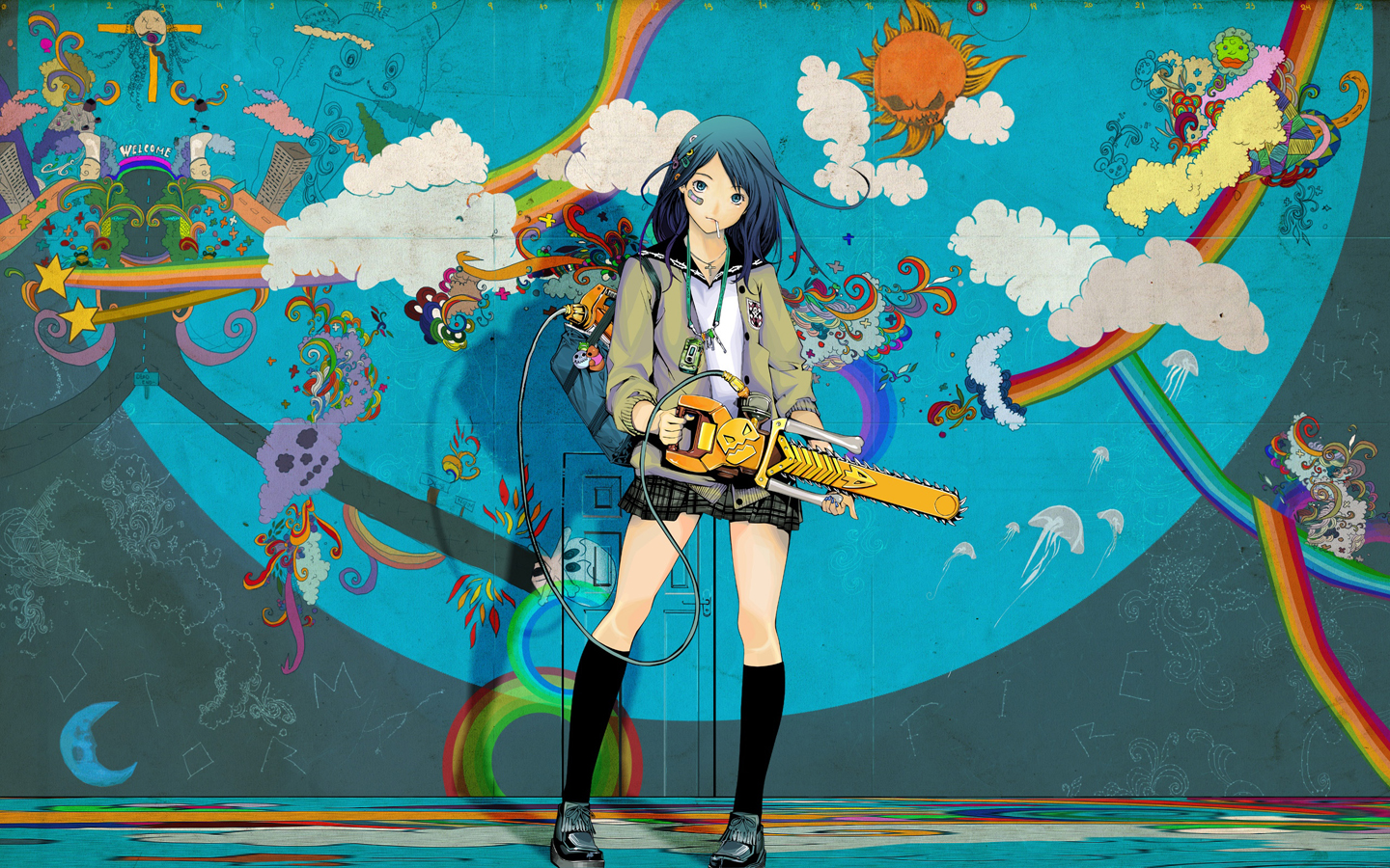 oogure ito, original, :3, bandaid, blue eyes, blue hair, candy, chainsaw, colorful, cross, food, graffiti, hair ornament, jewelry, kneehighs, lollipop, necklace, rainbow, school uniform, serafuku, skirt, socks