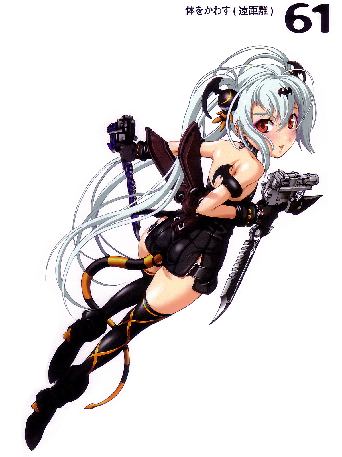 nishii (damnedrive), alice (queen's gate), nitroplus, queen's blade, queen's gate, highres, 00s, 1girl, albino, dagger, female focus, from behind, full body, gun, knife, looking back, red eyes, simple background, solo, tail, thighhighs, weapon, white hair