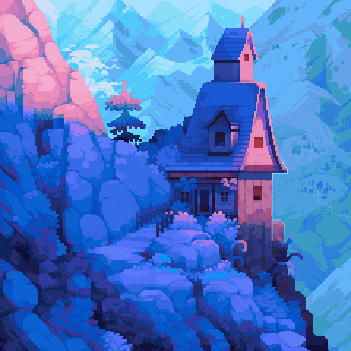 pixeldoshi, original, highres, aseprite (medium), building, cliff, cool colored, house, limited palette, mountain, mountainous horizon, outdoors, pixel art, purple theme, scenery, tree