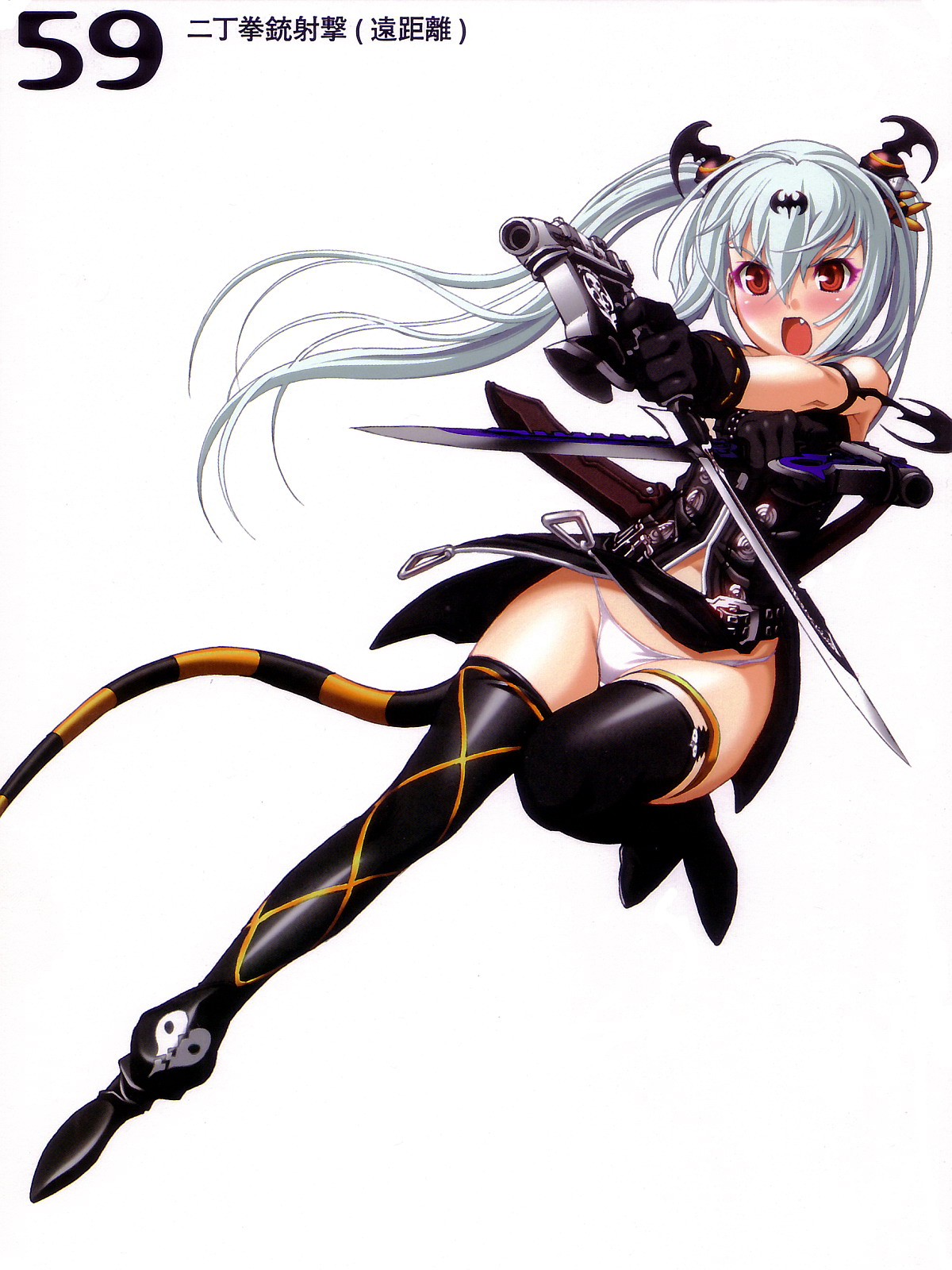 nishii (damnedrive), alice (queen's gate), nitroplus, queen's blade, queen's gate, highres, 00s, 1girl, albino, dagger, female focus, gun, knife, panties, red eyes, solo, tail, thighhighs, underwear, weapon, white hair