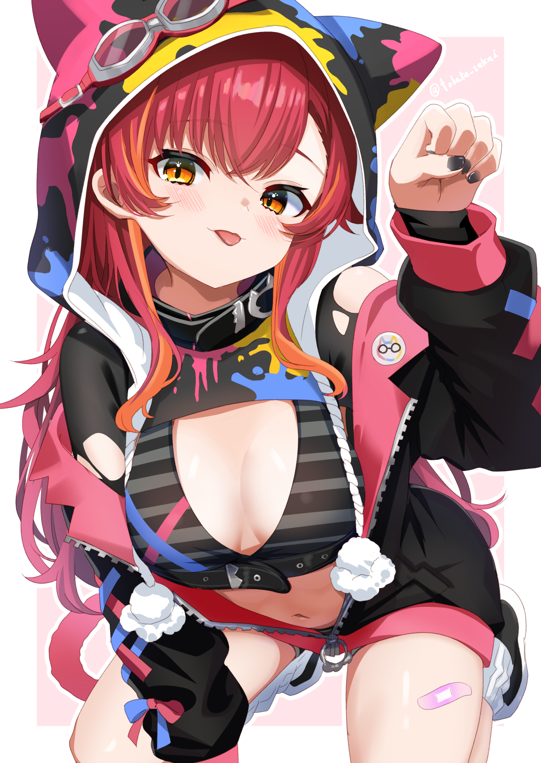 toketa-sekai, nekota tsuna, nekota tsuna (1st costume), vspo!, commentary request, highres, 1girl, :p, animal ear hood, bandaid, bandaid on leg, black bra, black collar, black jacket, black nails, black shorts, black shrug, blush, border, bra, breasts, cleavage, collar, cross-laced clothes, cross-laced sleeves, fake animal ears, goggles, goggles on head, goggles on headwear, hand up, hood, jacket, kneeling, large breasts, leaning forward, long hair, long sleeves, looking at viewer, multicolored hair, navel, off shoulder, open clothes, open jacket, orange eyes, orange hair, outside border, paint splatter, paw pose, red hair, shoes, shorts, shrug (clothing), sidelocks, simple background, sneakers, solo, streaked hair, striped bra, striped clothes, tongue, tongue out, torn clothes, torn sleeves, underwear, virtual youtuber, white border, white shoes