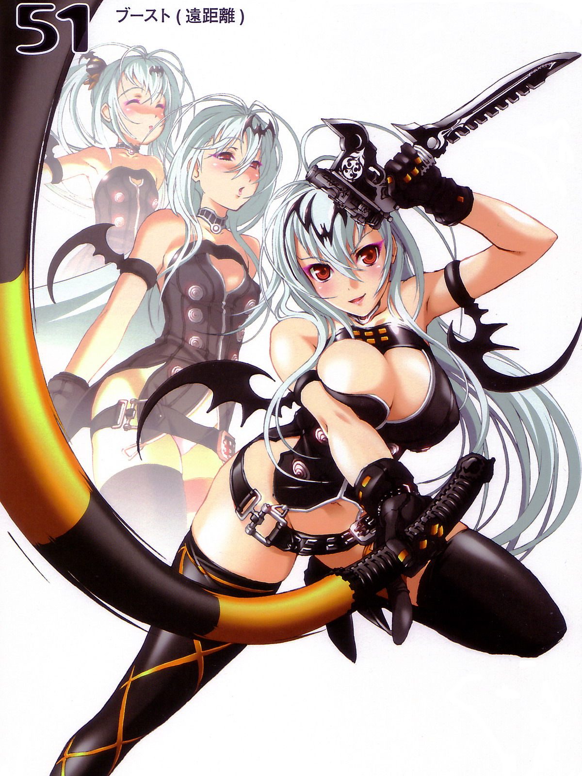 nishii (damnedrive), alice (queen's gate), nitroplus, queen's blade, queen's gate, highres, 00s, 1girl, age progression, aged up, albino, belt, belt skirt, breast expansion, breasts, bursting breasts, cleavage, cleavage cutout, clothing cutout, gun, large breasts, multiple views, red eyes, thighhighs, weapon, whip, white hair