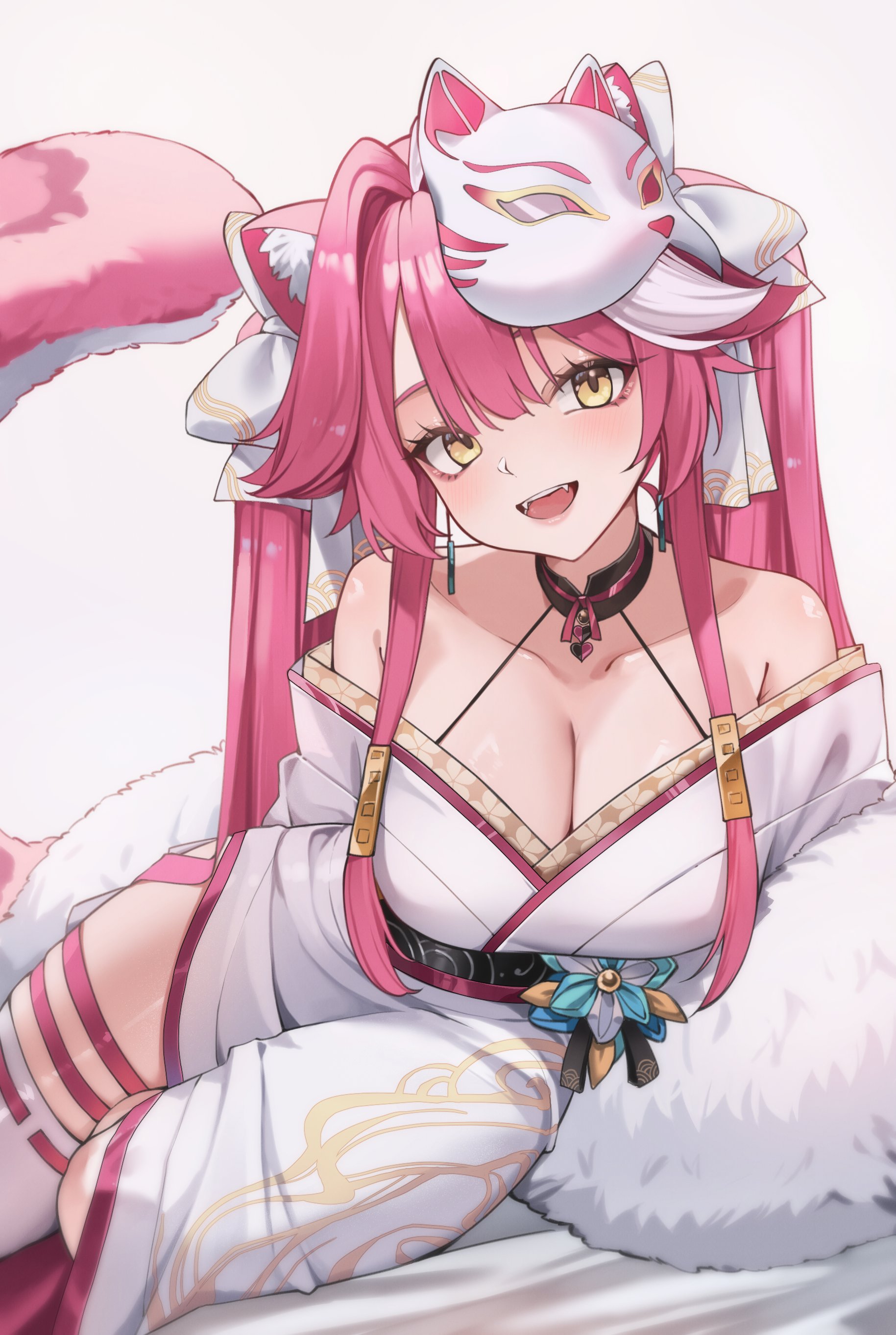 i.ryuu z, raora panthera, raora panthera (new year), hololive, hololive english, absurdres, commentary, highres, 1girl, animal ears, blunt bangs, bow, breasts, cleavage, collarbone, detached collar, double-parted bangs, earrings, fangs, feather boa, fox mask, furisode, hair bow, hair flaps, halterneck, japanese clothes, jewelry, kimono, large breasts, long hair, long sidelocks, long sleeves, looking at viewer, lying, mask, mask on head, multicolored hair, obi, obiage, obijime, off shoulder, official alternate costume, official alternate hairstyle, on side, open mouth, panther ears, panther girl, pink hair, pink nails, sash, side slit, sidelocks, solo, spaghetti strap, streaked hair, thigh strap, thighhighs, twintails, virtual youtuber, white background, white hair, white kimono, white thighhighs, yellow eyes