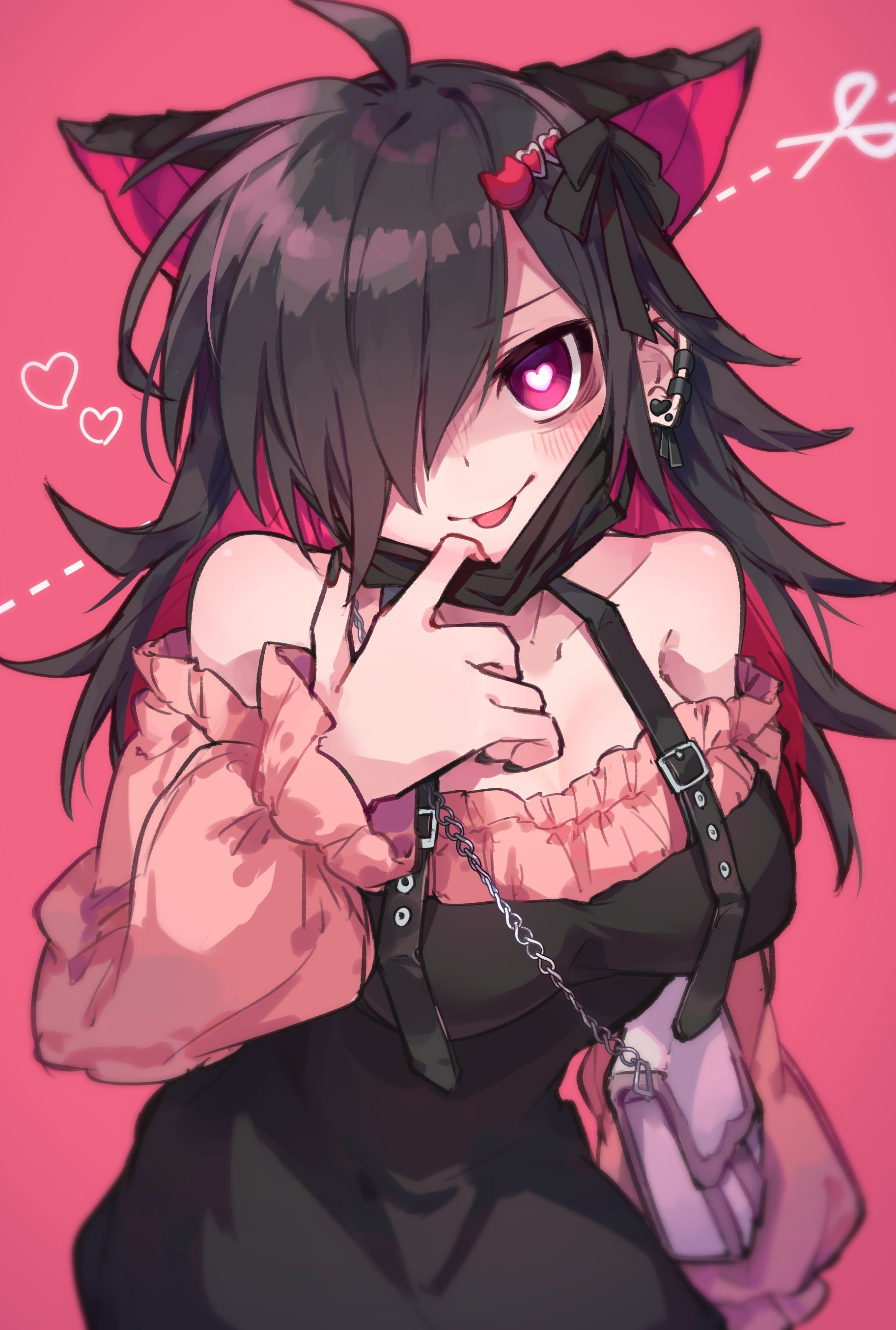kuuron (moesann17), roche (p&d), puzzle & dragons, absurdres, highres, 1girl, animal ears, antenna hair, bare shoulders, black hair, blush, bright pupils, heart, heart-shaped pupils, looking at viewer, mask, mouth mask, off shoulder, pink background, pink eyes, simple background, symbol-shaped pupils