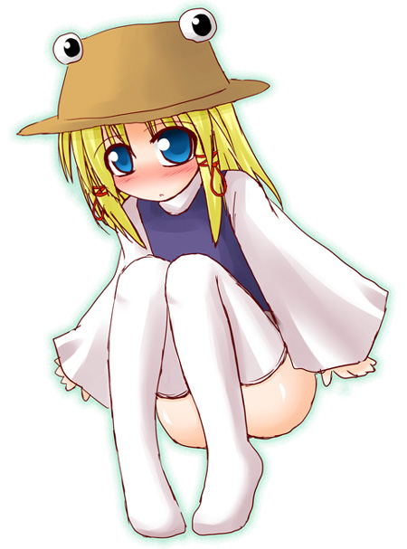 arayama reiichi, moriya suwako, touhou, 1girl, blush, female focus, full body, hat, solo, thighhighs, white background