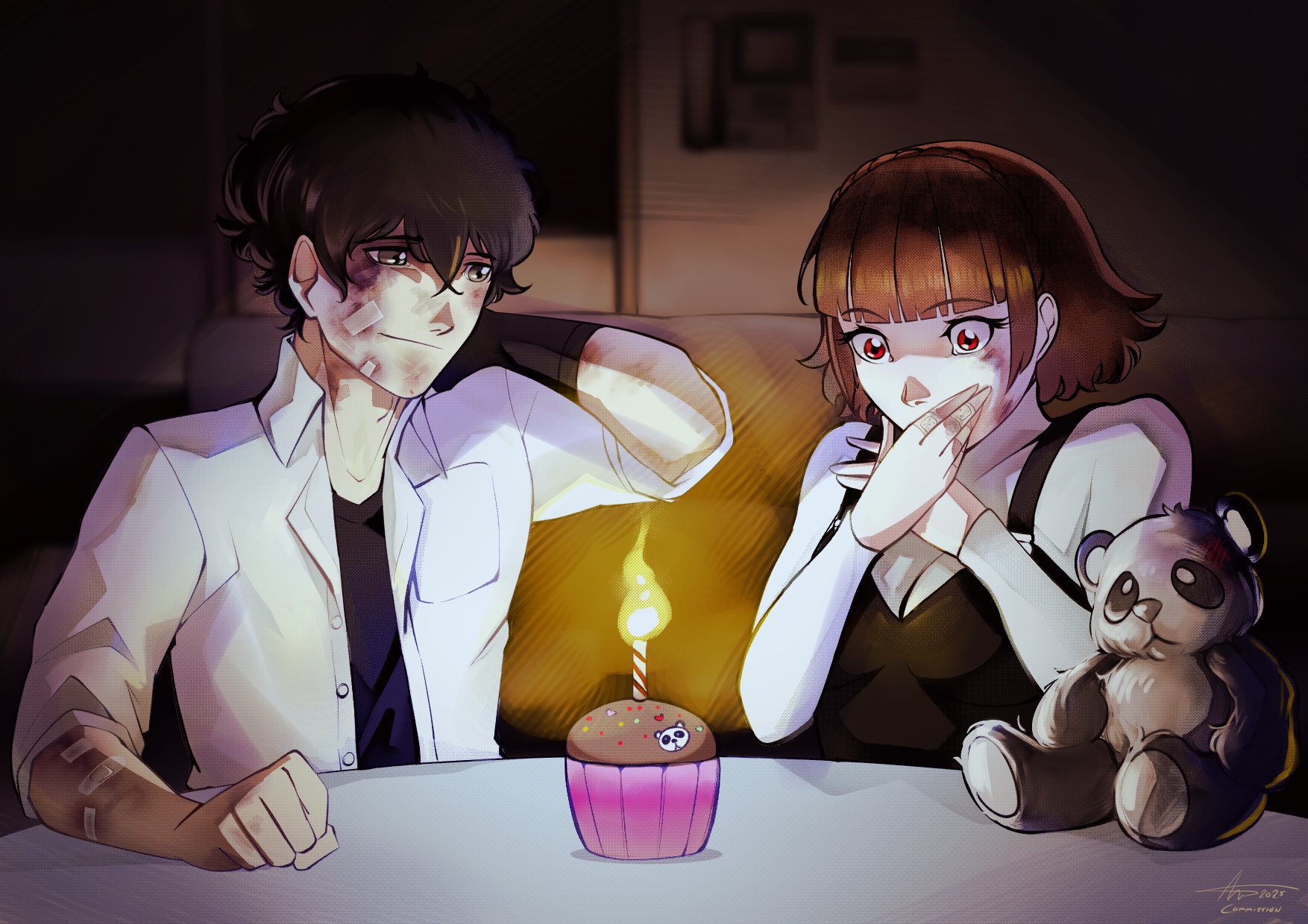 chiaroscuro4eva, amamiya ren, niijima makoto, persona, persona 5, highres, 1boy, 1girl, bandaid, birthday, brown hair, bruise, bruise on face, cupcake, food, injury, red eyes, school uniform, short hair