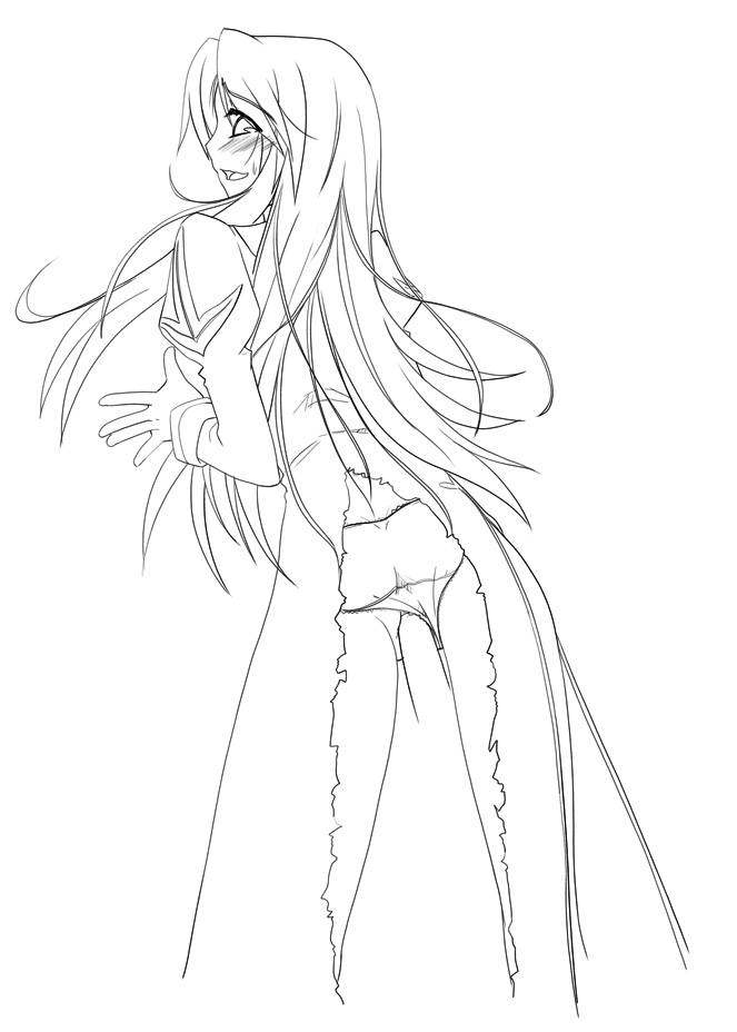 priest (ragnarok online), ragnarok online, greyscale, lineart, monochrome, panties, priest, priestess, solo, torn clothes, underwear