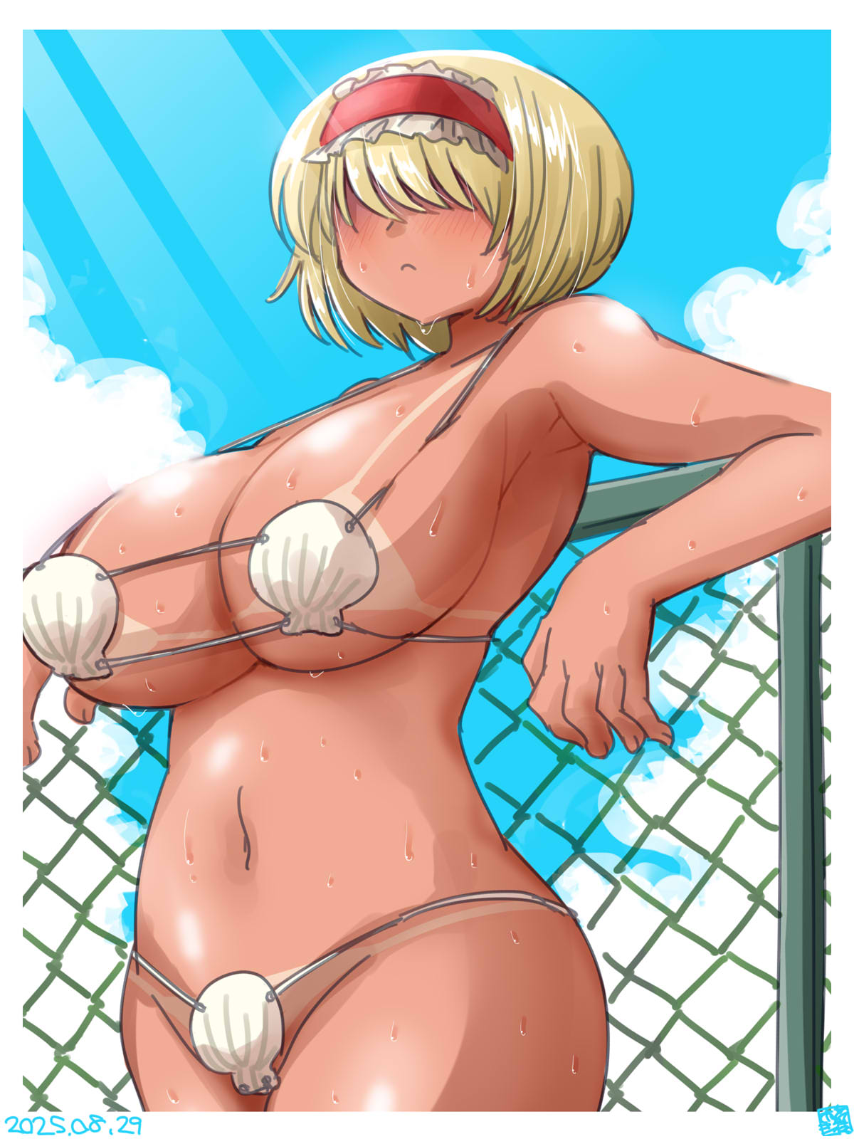 itini-sanshi, alice margatroid, jigen (cookie), cookie (touhou), touhou, commentary request, highres, 1girl, alternate costume, bikini, blonde hair, blue sky, blush, border, breasts, chain-link fence, cleavage, closed mouth, cloud, cowboy shot, dated, day, expressionless, fence, frilled hairband, frills, hair over eyes, hairband, huge breasts, navel, outdoors, red hairband, shell, shell bikini, short hair, sky, solo, swimsuit, tan, tanline, white border