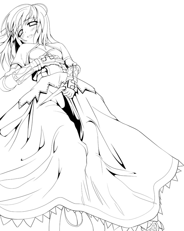 swordsman (ragnarok online), ragnarok online, 1girl, female focus, greyscale, lineart, monochrome, solo, swordman