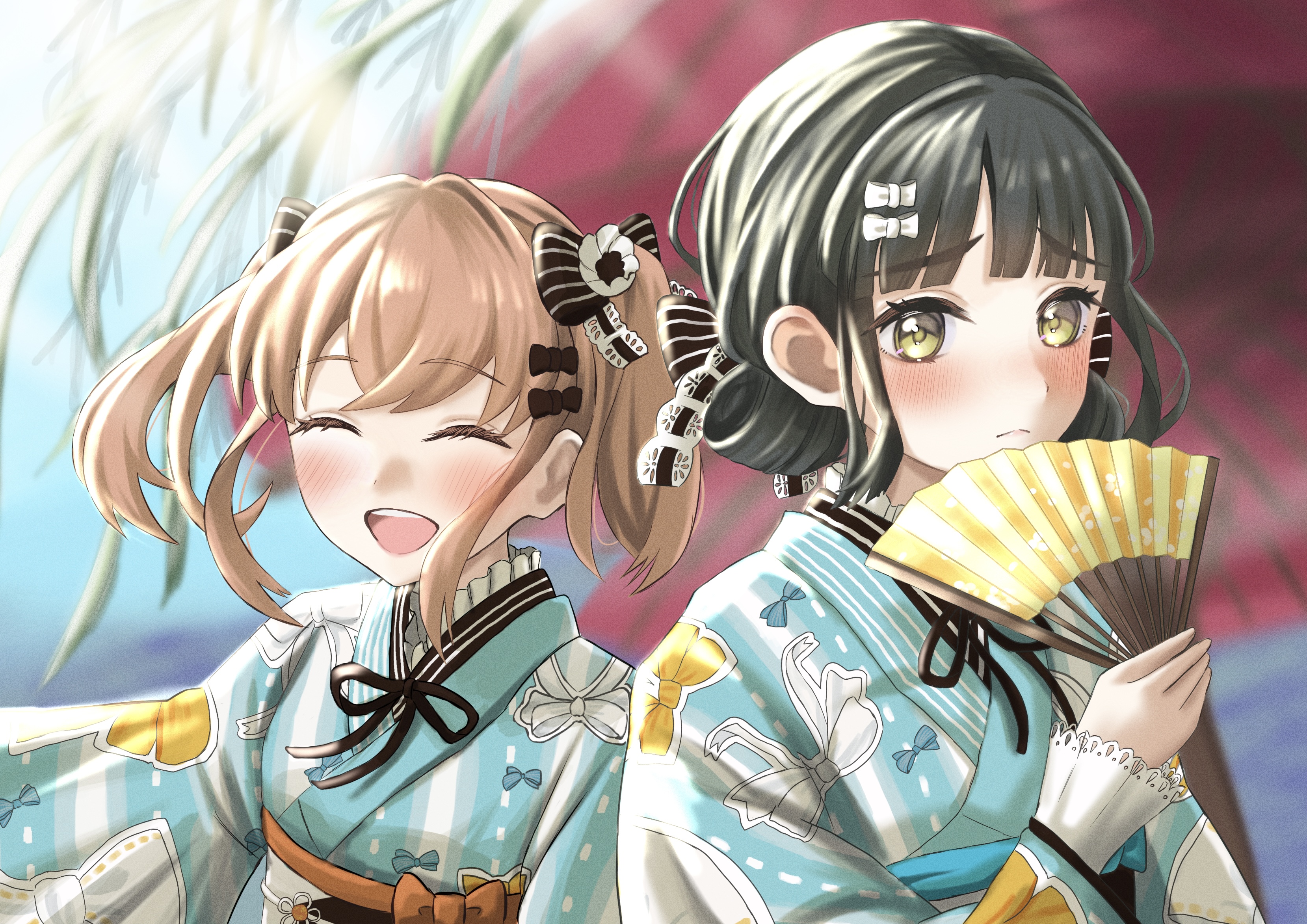 ponyou1030, hinoshita kaho, momose ginko, link! like! love live!, love live!, absurdres, commentary request, highres, 2girls, 37.5c no fantasy, :d, ^ ^, black bow, black hair, black ribbon, blue kimono, blunt bangs, bow, bow print, cerise bouquet, closed eyes, double bun, folding fan, frilled kimono, frills, frown, green eyes, hair bow, hair bun, hand fan, holding, holding fan, japanese clothes, kimono, medium hair, multiple girls, neck ribbon, obi, obiage, official alternate costume, open mouth, print kimono, raised inner eyebrows, ribbon, sash, short hair, sidelocks, smile, striped clothes, striped kimono, twintails, upper body, vertical-striped clothes, vertical-striped kimono, virtual youtuber, white bow