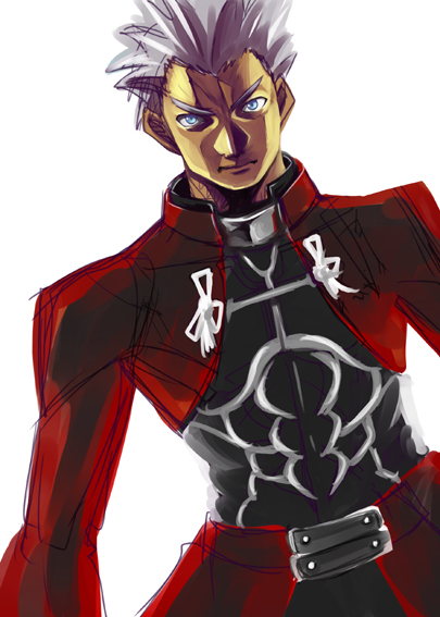 takashi moritaka, archer (fate), fate/stay night, fate (series), 00s, 1boy, blue eyes, dark-skinned male, dark skin, male focus, simple background, solo, white hair
