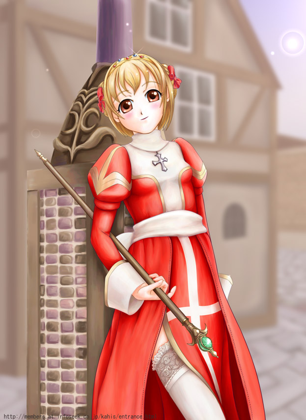 kahis (sweetbriar), high priest (ragnarok online), ragnarok online, tagme, blonde hair, priestess, solo, thighhighs