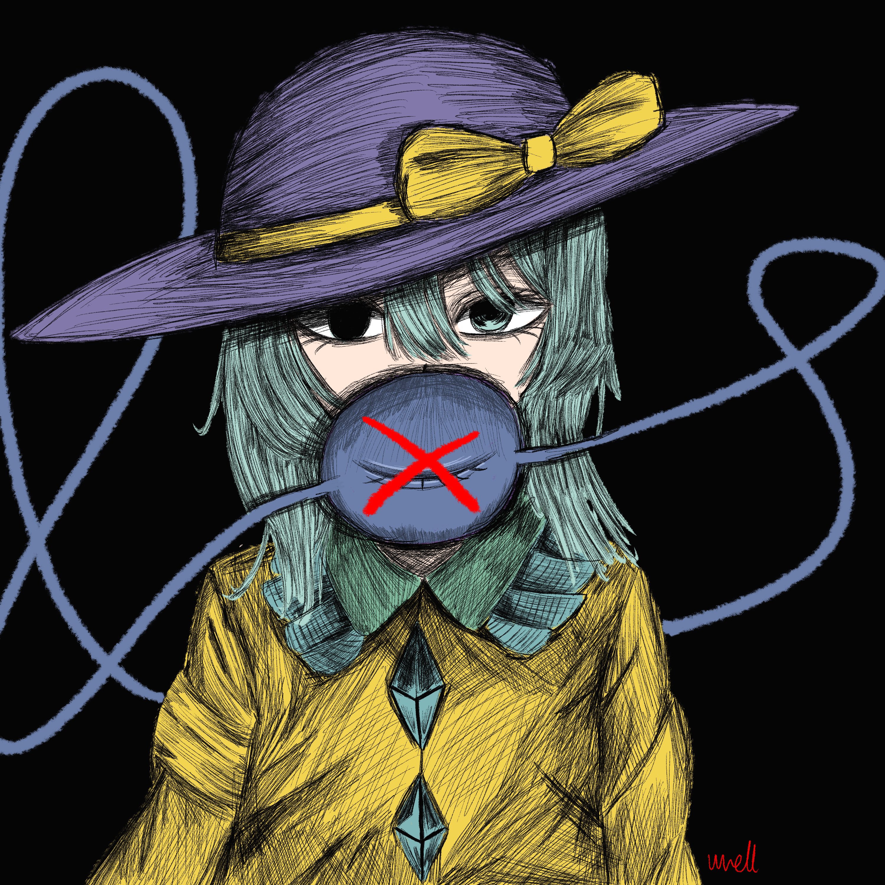 komeiji koishi, touhou, absurdres, highres, 1girl, black background, bow, green hair, hat, hat bow, heterochromia, shirt, wrell, yellow shirt