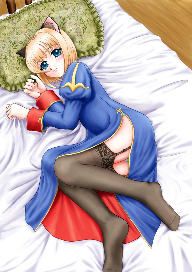 priest (ragnarok online), ragnarok online, lace-trimmed legwear, 1girl, ahoge, animal ears, aqua panties, bed, bed sheet, black thighhighs, blonde hair, blue eyes, blush, cat ears, dress, female focus, frilled pillow, frills, garter belt, lace, lace trim, lying, on side, panties, pantyshot, pillow, priest, priestess, sheet grab, short hair, smile, solo, thighhighs, thighs, underwear
