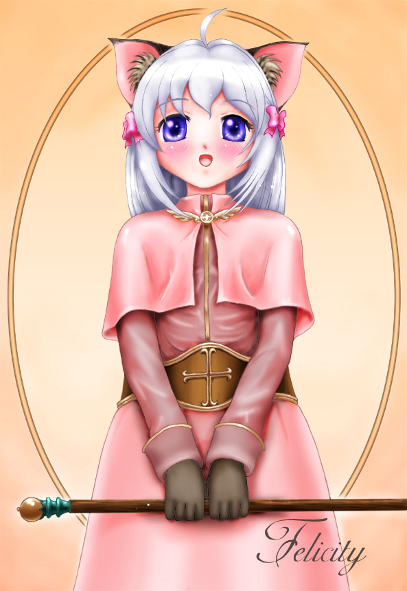 acolyte (ragnarok online), high acolyte, ragnarok online, 1girl, ahoge, animal ears, blush, female focus, gloves, grey hair, hair ribbon, ribbon, short hair, solo, wand