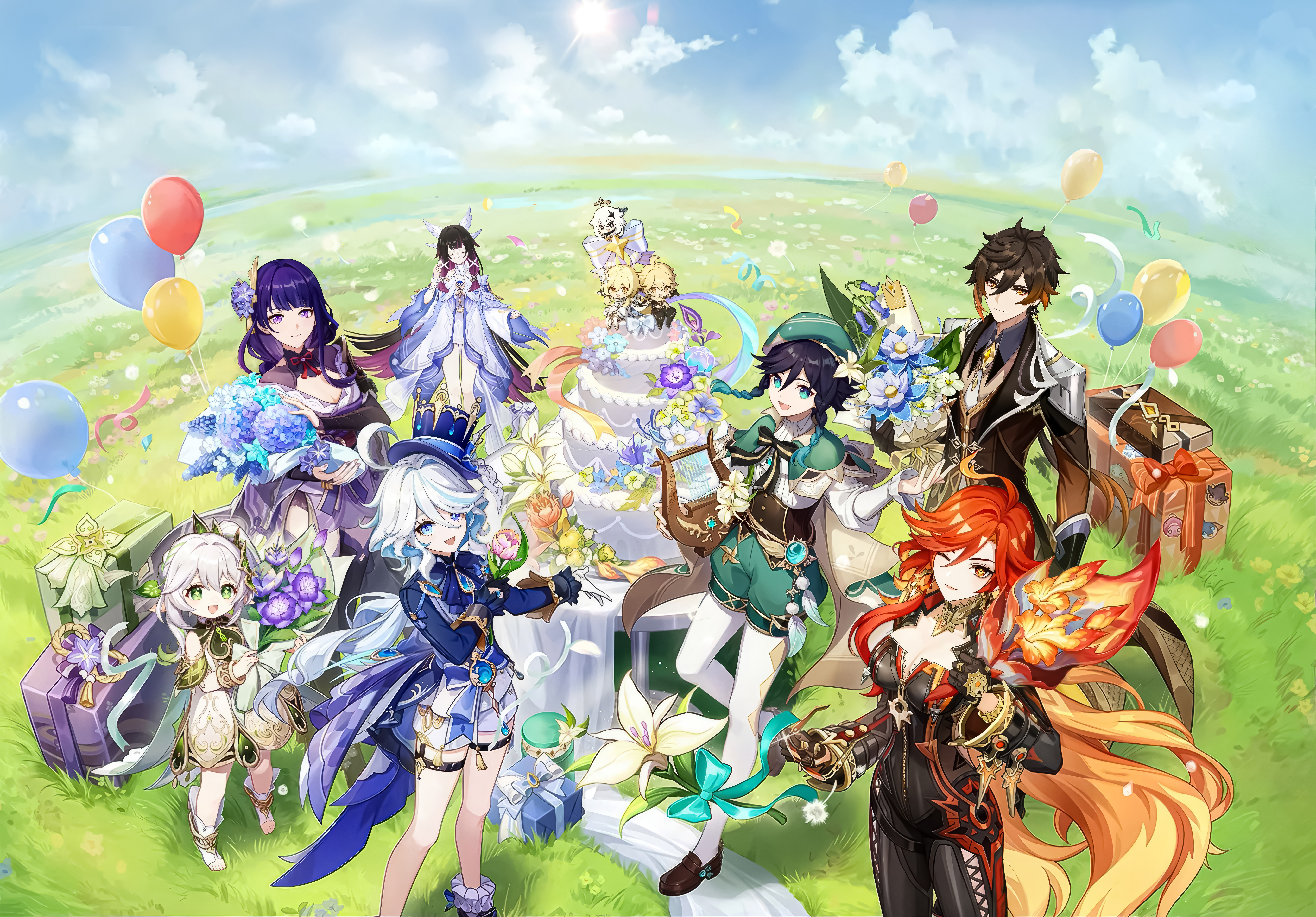 aether (genshin impact), columbina (genshin impact), furina (genshin impact), lumine (genshin impact), mavuika (genshin impact), nahida (genshin impact), paimon (genshin impact), raiden shogun, venti (genshin impact), zhongli (genshin impact), genshin impact, absurdres, highres, official art, third-party source, 3boys, 6+girls, ahoge, anniversary, asymmetrical gloves, balloon, biker clothes, black bodysuit, black gloves, black hair, blonde hair, blue eyes, blue hat, blue jacket, bodysuit, bouquet, box, breasts, cake, cleavage, closed mouth, cross-shaped pupils, dress, drop-shaped pupils, earrings, flower, food, gift, gift box, gloves, gradient hair, grass, green eyes, green hair, grey hair, hair between eyes, harp, hat, holding, holding bouquet, instrument, jacket, japanese clothes, jewelry, kimono, large breasts, long hair, long sleeves, looking at viewer, mini person, mismatched gloves, multicolored hair, multiple boys, multiple girls, one eye closed, open mouth, outdoors, pointy ears, purple eyes, purple hair, purple kimono, red eyes, red hair, shorts, side ponytail, smile, socks, standing, stirrup footwear, sun earrings, symbol-shaped pupils, thigh strap, top hat, very long hair, white dress, white gloves, white hair, white shorts, white socks
