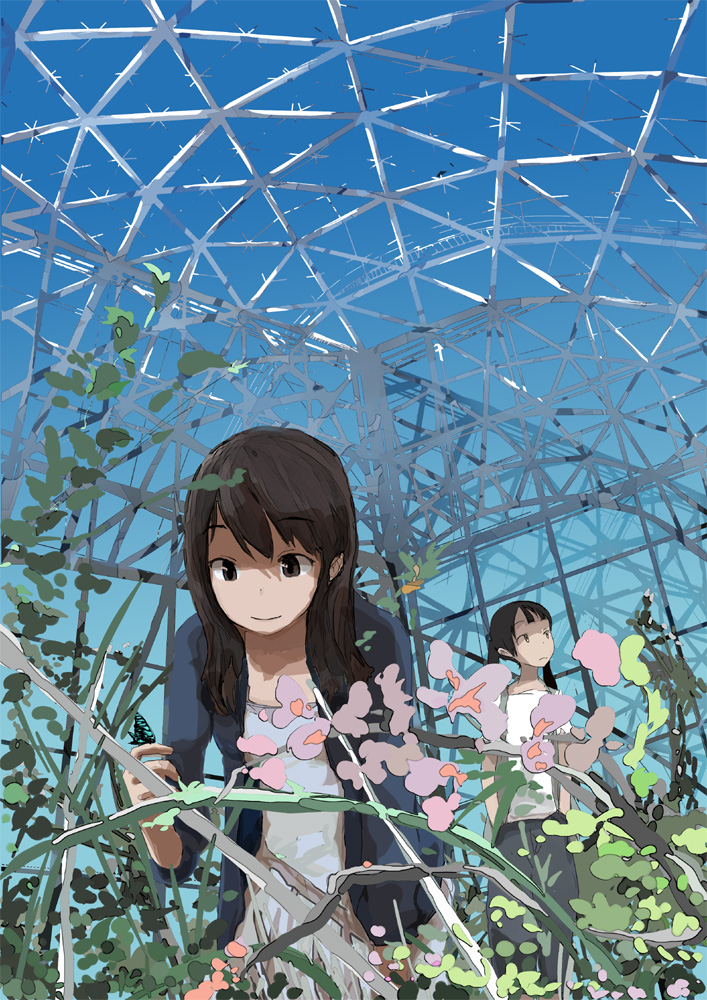 keisan, original, 2girls, brown eyes, brown hair, flower, glass, greenhouse, multiple girls, plant, smile