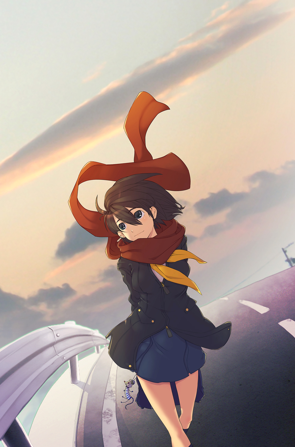 ayaki, original, bad id, bad pixiv id, highres, 1girl, bandana, blue eyes, brown hair, cloud, female focus, grey eyes, isai, mouse (animal), outdoors, road, scarf, school uniform, serafuku, short hair, skirt, sky, solo, street, wind, zipper