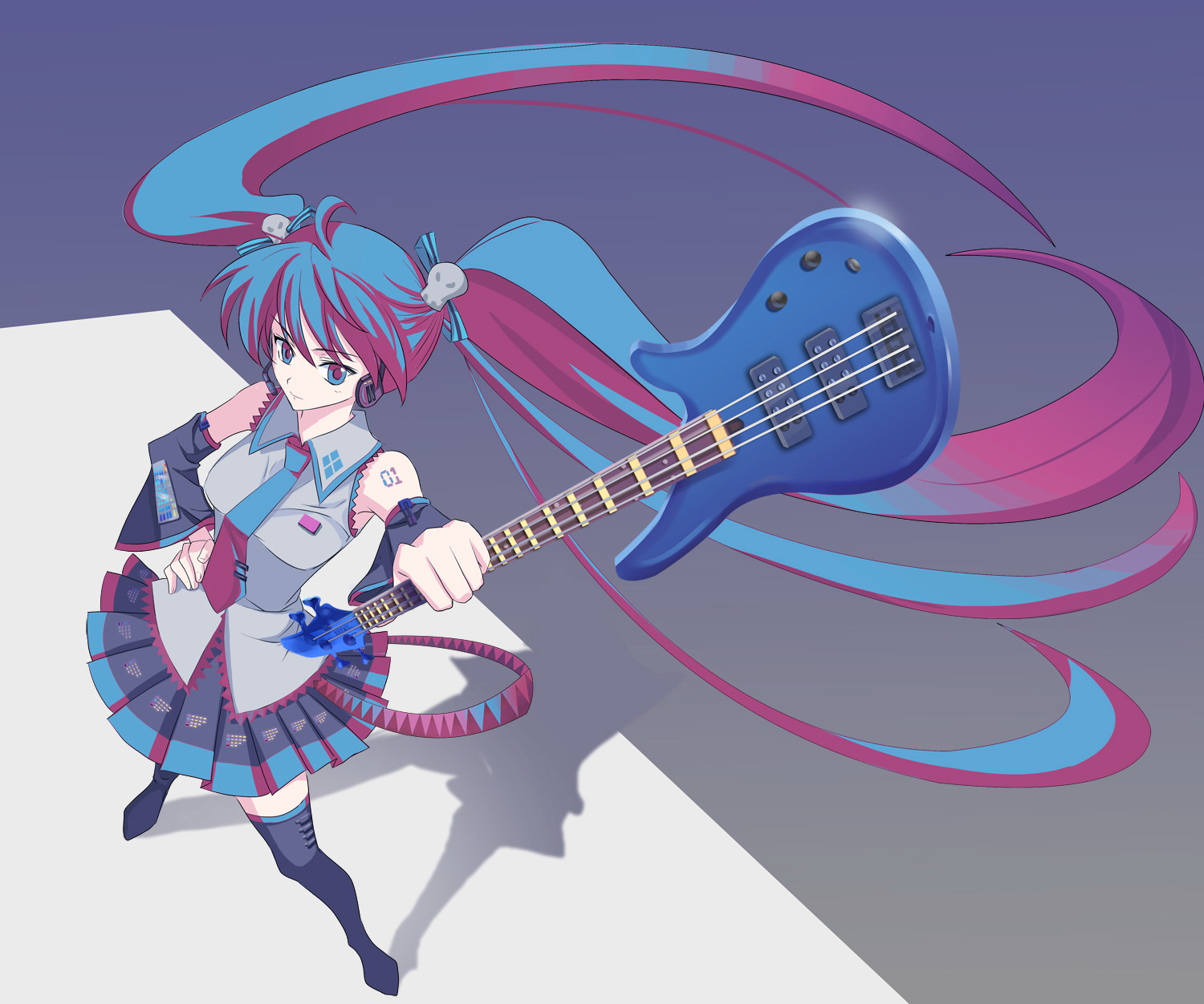 mocha (mocana), hatsune miku, vocaloid, bad id, bad pixiv id, highres, 1girl, bass guitar, blue hair, female focus, guitar, instrument, long hair, solo, thighhighs, twintails, very long hair