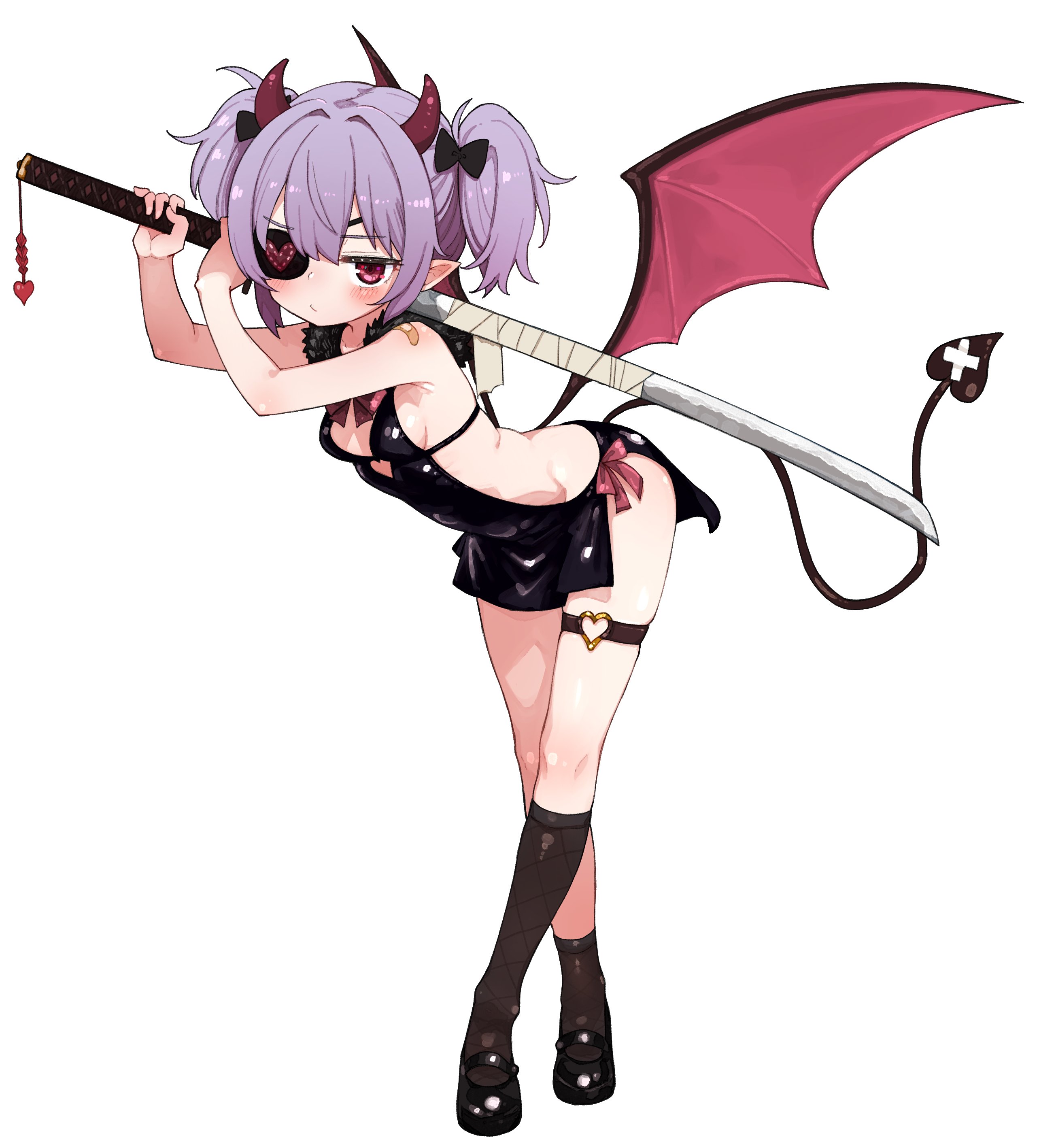 komodj, original, absurdres, highres, 1girl, breasts, demon tail, demon wings, dress, eyepatch, holding, horns, pointy ears, purple hair, red eyes, simple background, socks, solo, sword, tail, twintails, weapon, white background, wings