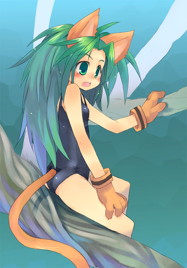 toba hiyoko, cham cham, samurai spirits, snk, 1girl, animal ears, animal hands, black one-piece swimsuit, cat ears, cat tail, fang, female focus, flat chest, gloves, green eyes, green hair, long hair, matching hair/eyes, one-piece swimsuit, paw gloves, school swimsuit, solo, swimsuit, tail