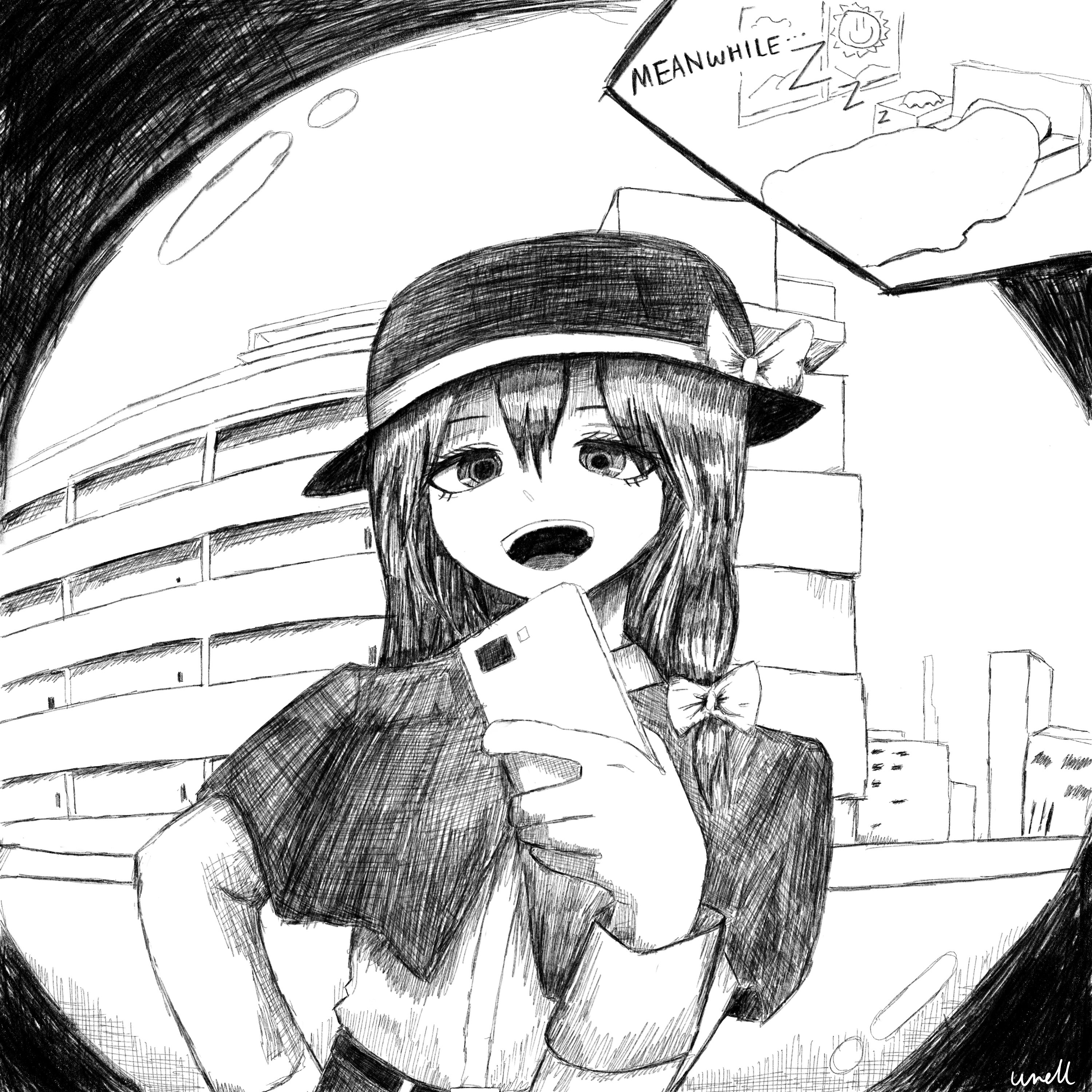 usami renko, touhou, absurdres, commentary, english commentary, highres, self-upload, 1girl, black hair, blanket, bow, building, english text, fedora, hair bow, hat, hat bow, holding, holding phone, monochrome, phone, sleeping, solo, through door, wrell